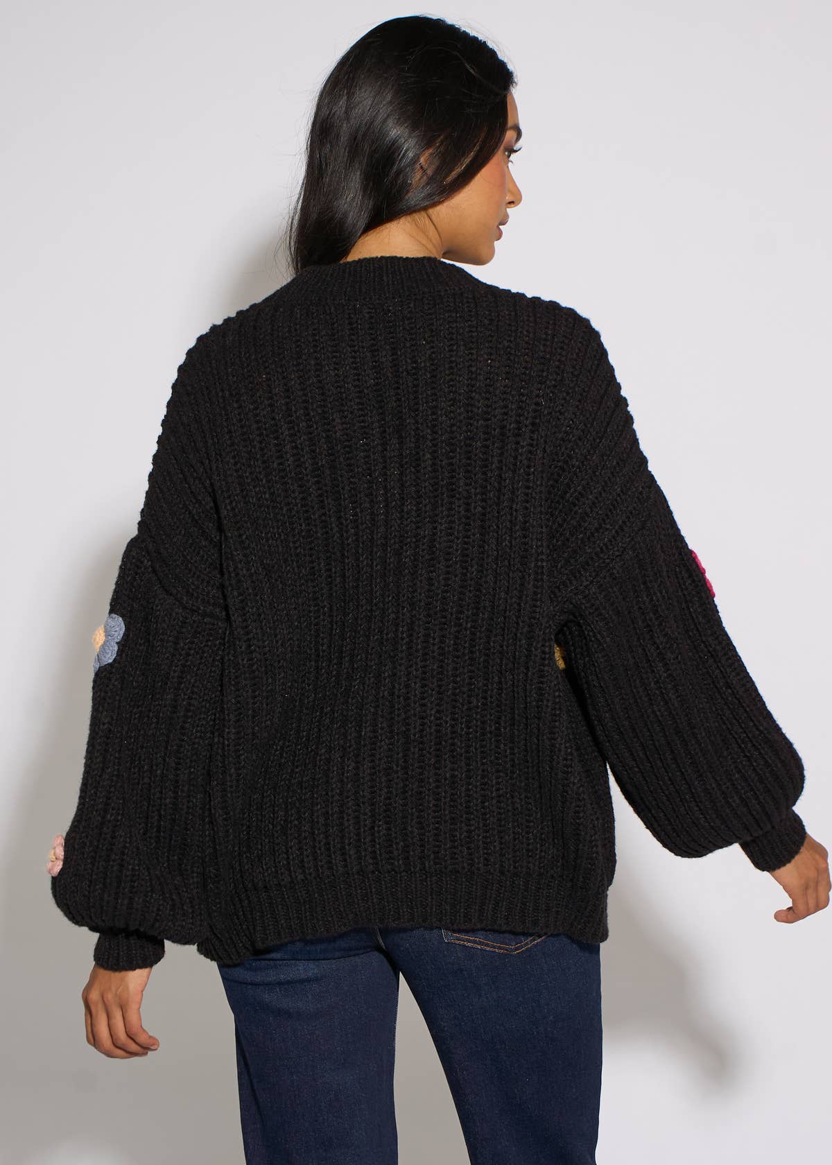 Black 3D Floral Chunky Knit Cardigan