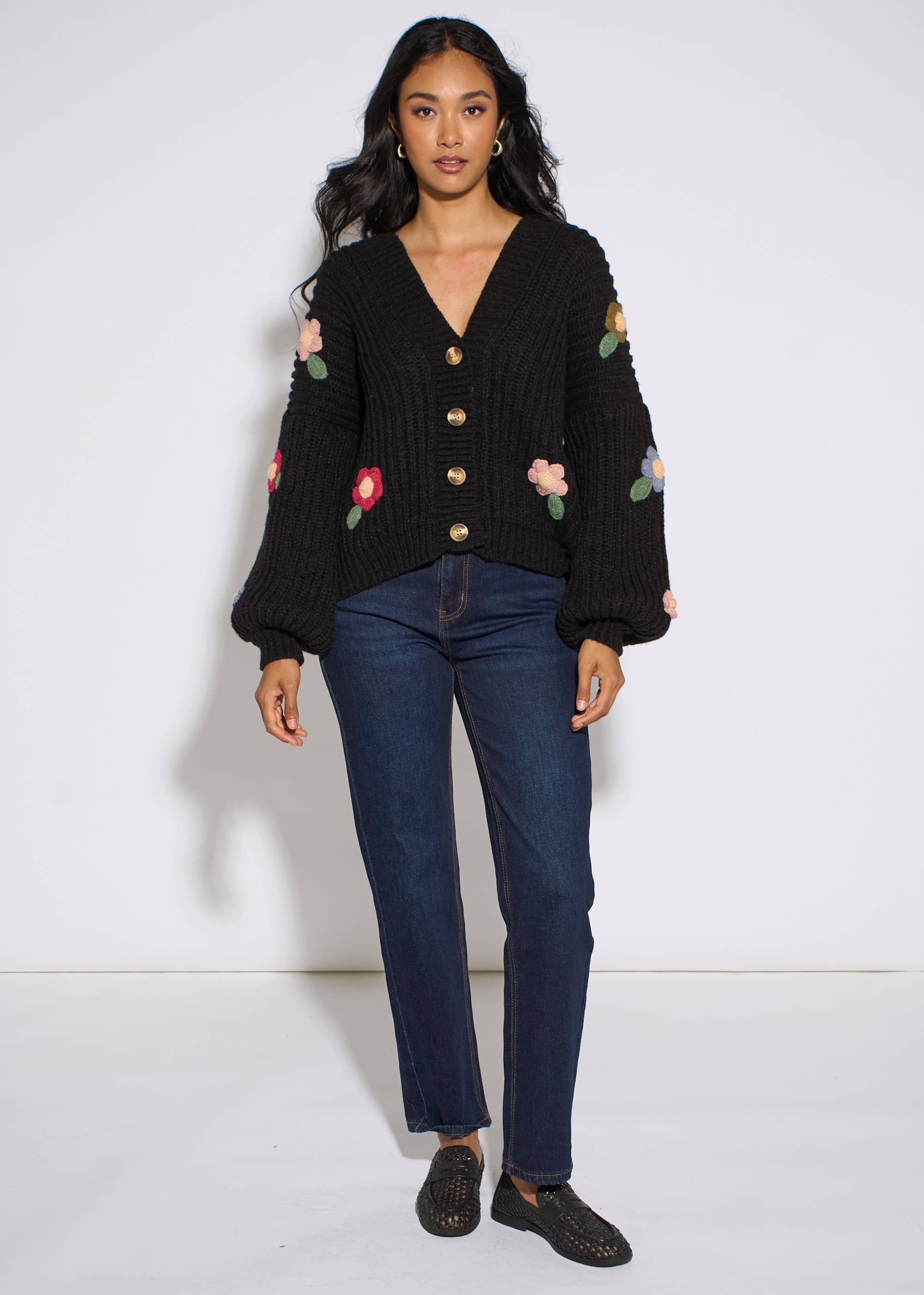 Black 3D Floral Chunky Knit Cardigan