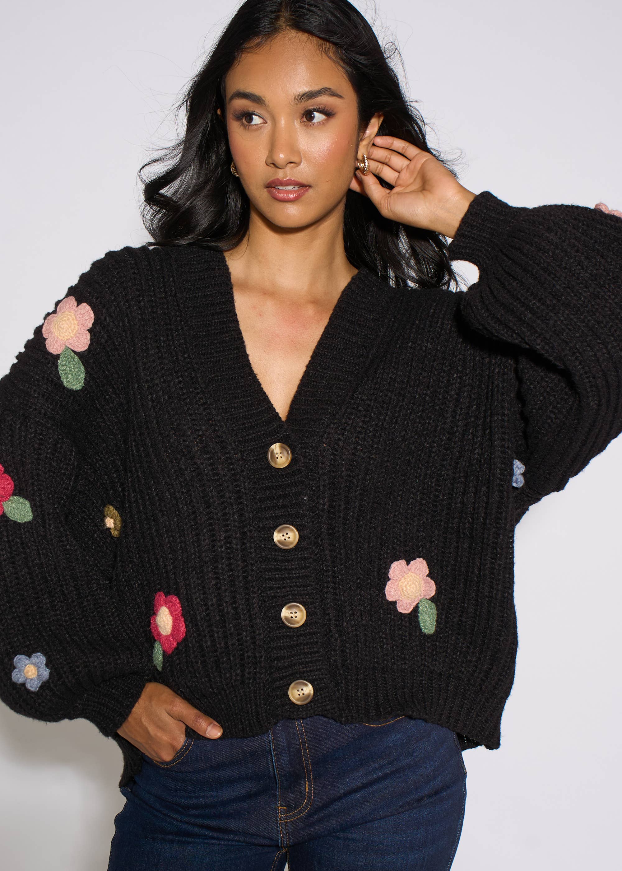 Black 3D Floral Chunky Knit Cardigan