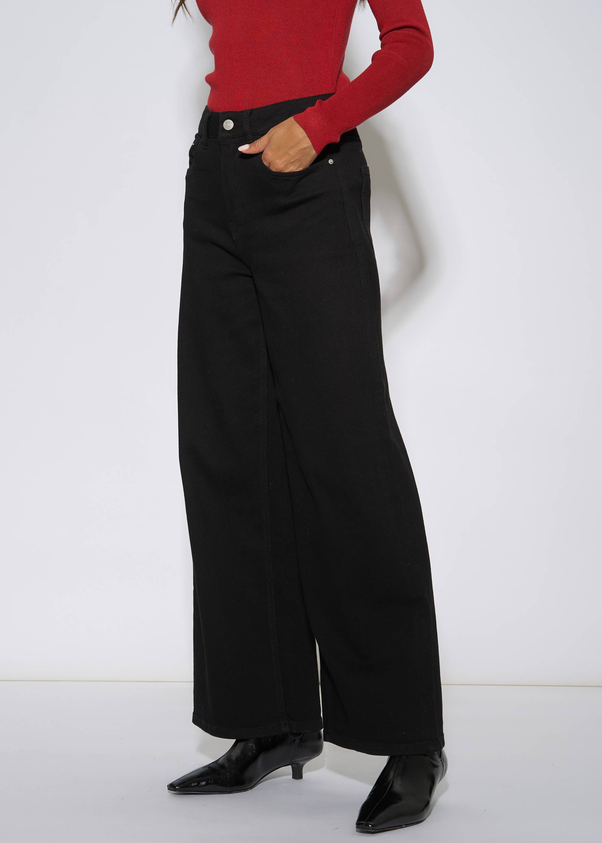Black Mid Rise Wide Leg Jeans