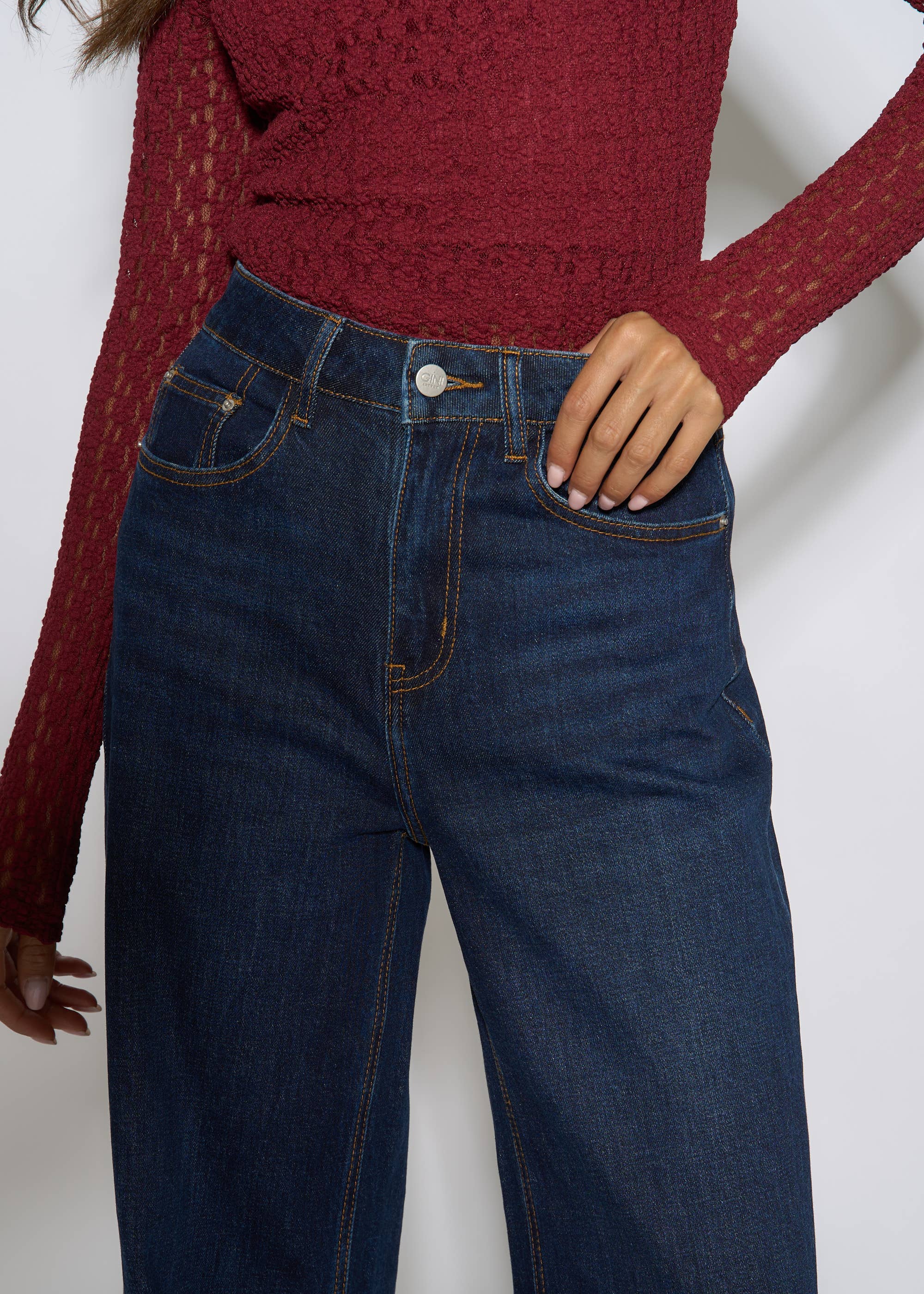 Indigo Mid Rise Wide Leg Jeans