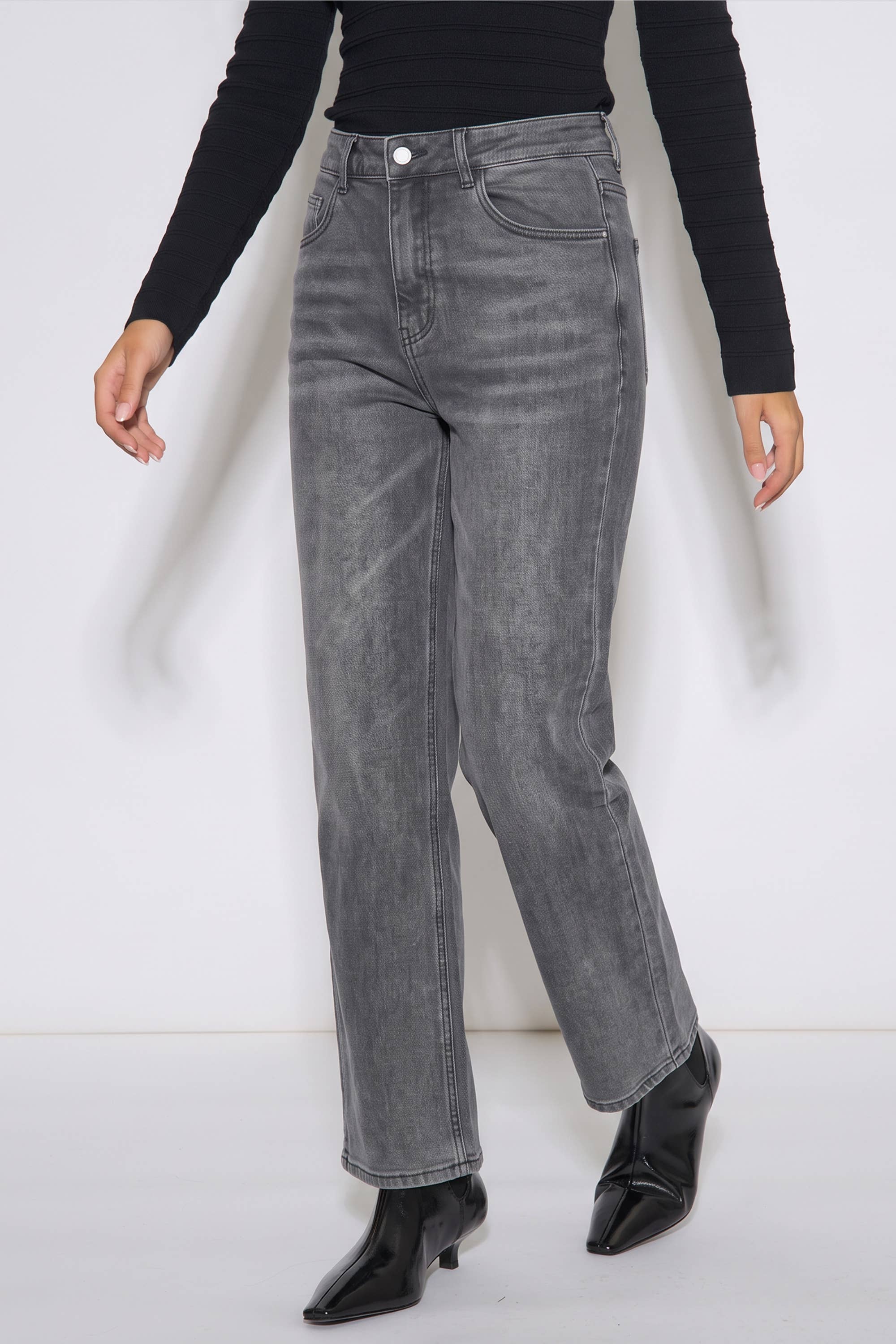 Grey Mid Rise Straight Leg Jeans