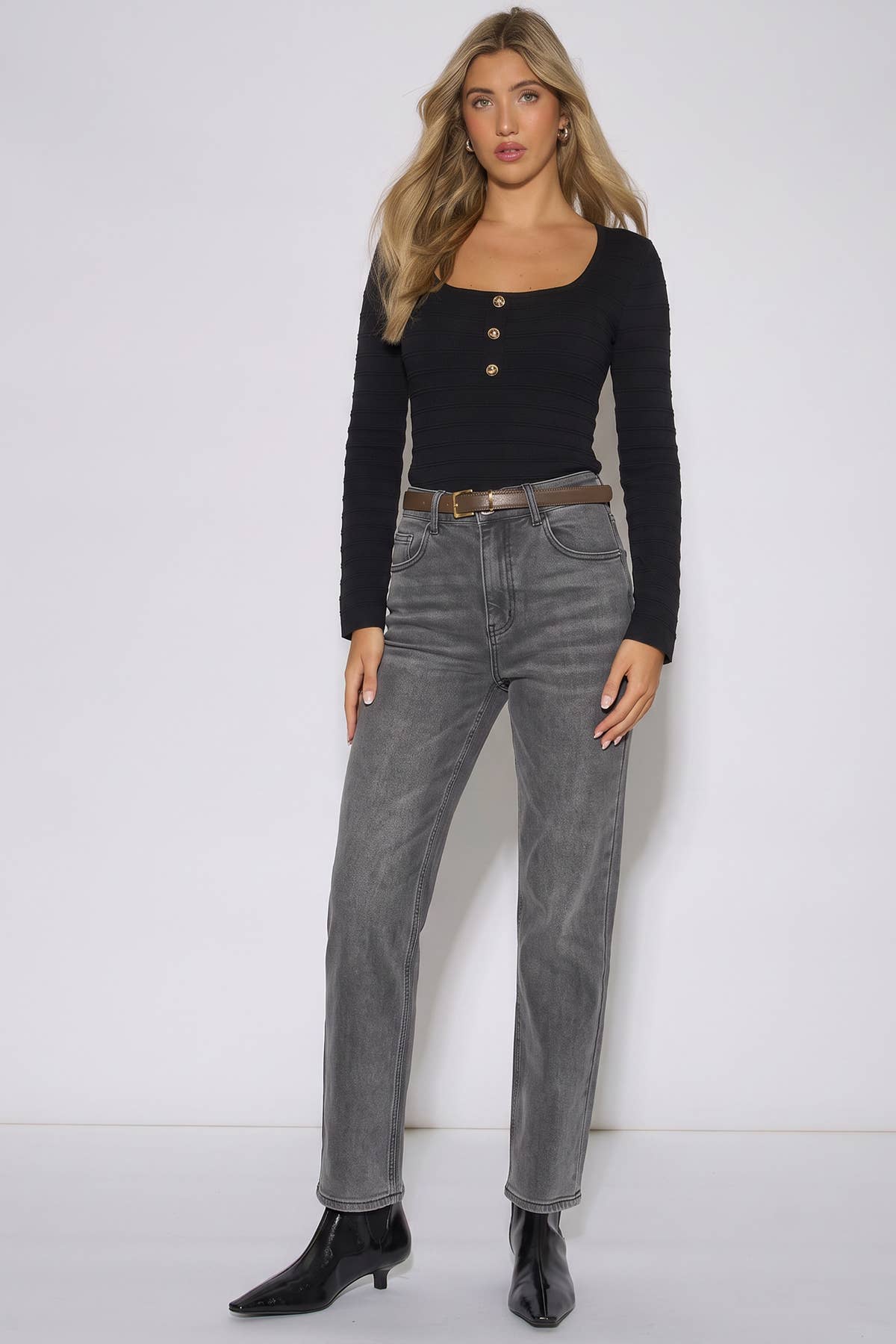 Grey Mid Rise Straight Leg Jeans