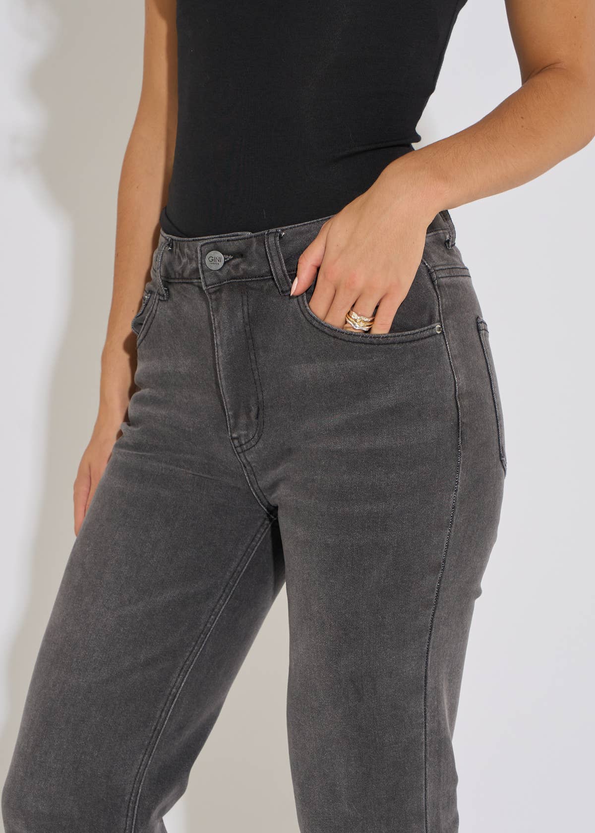 Grey Mid Rise Straight Leg Jeans– View 3 | Gini London