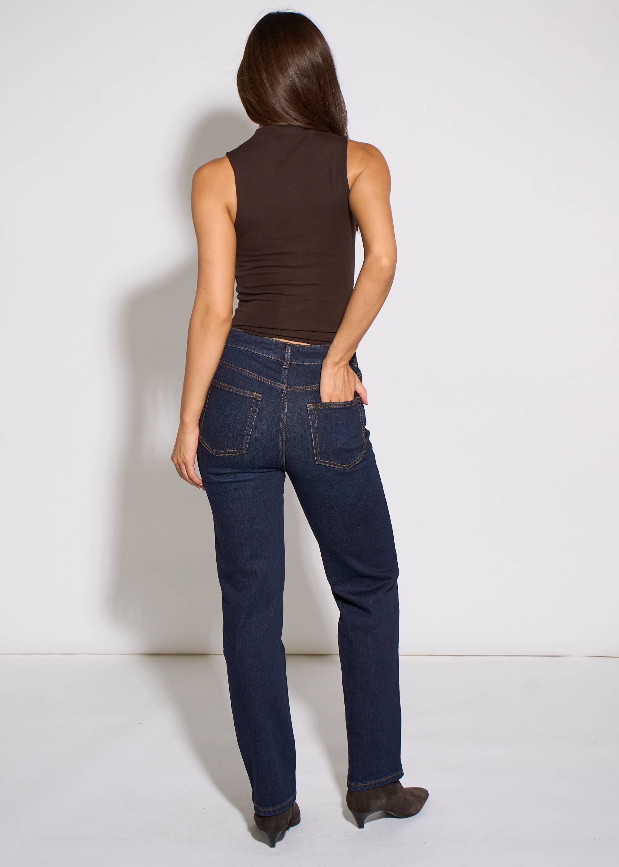Indigo Mid Rise Straight Leg Jeans