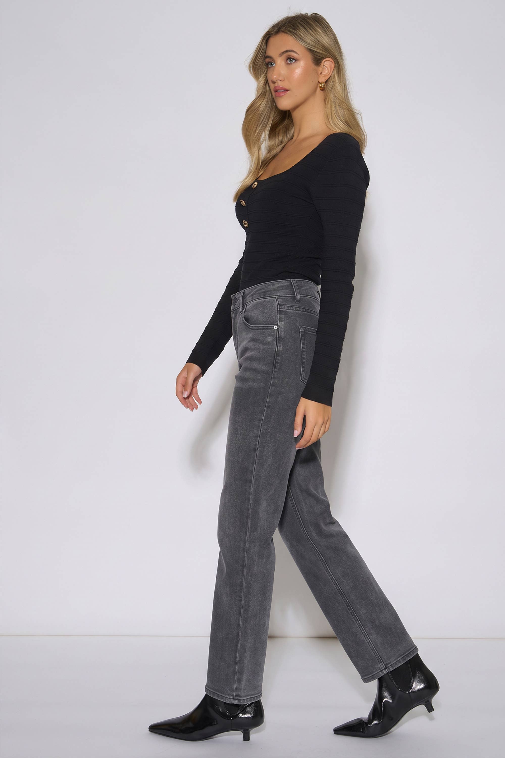 Grey Mid Rise Straight Leg Jeans
