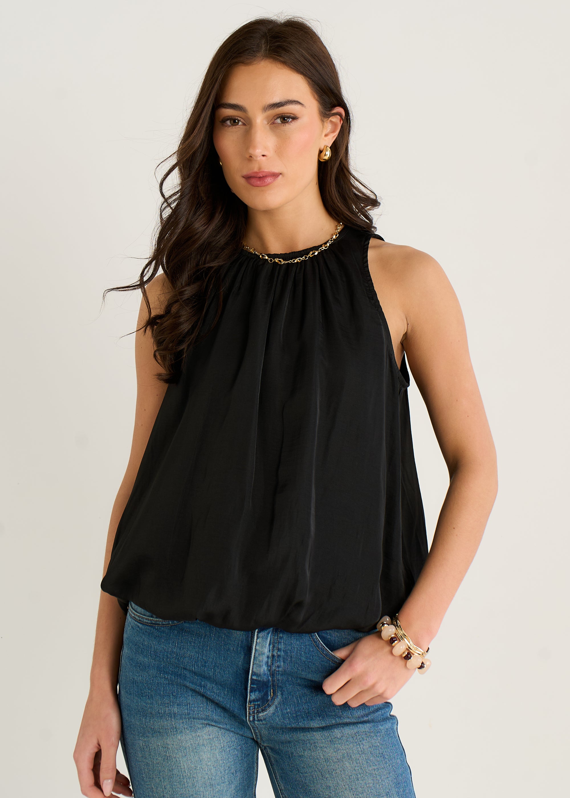 Black Sleeveless Gathered Neck Bubble Hem Top