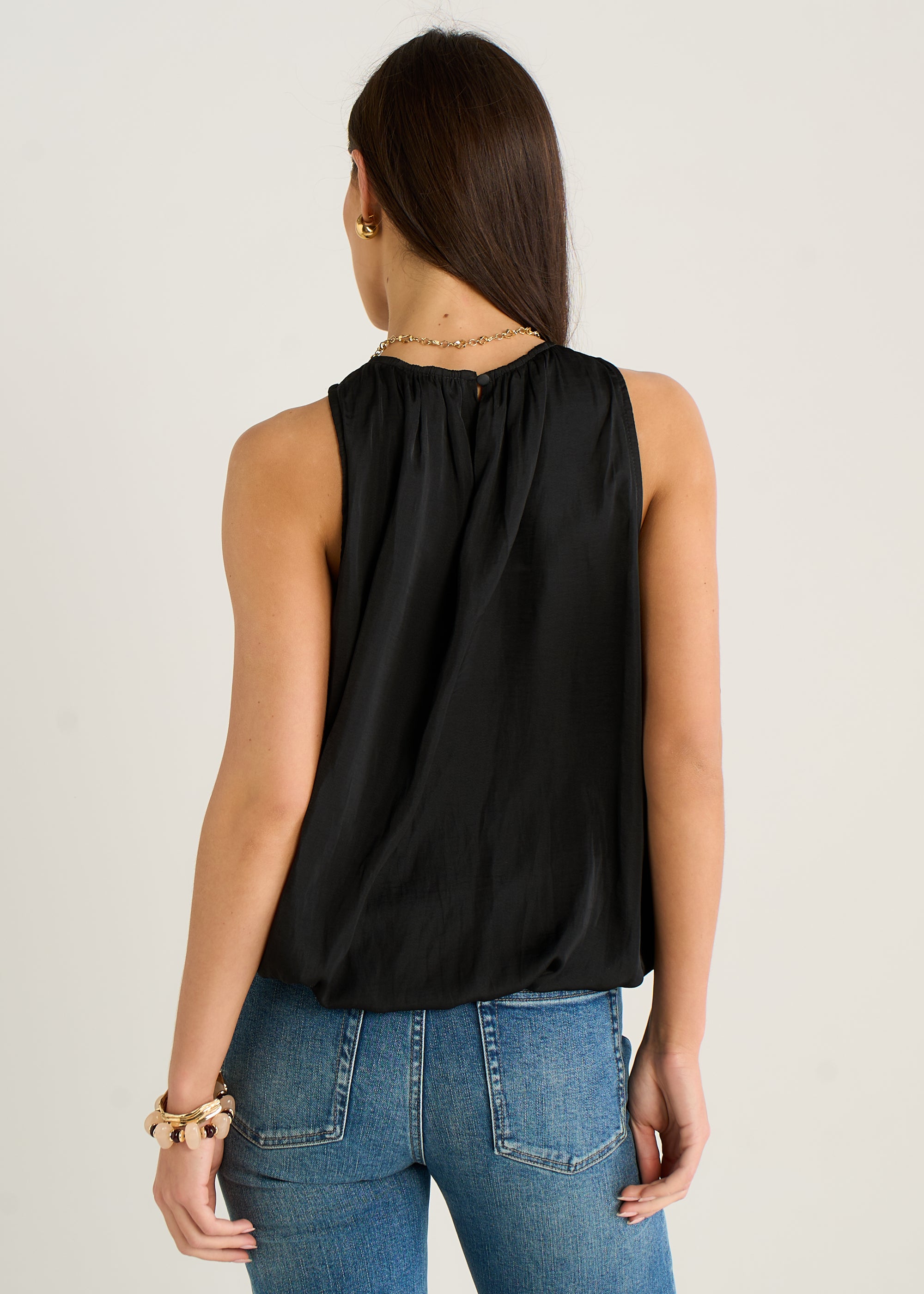 Black Sleeveless Gathered Neck Bubble Hem Top
