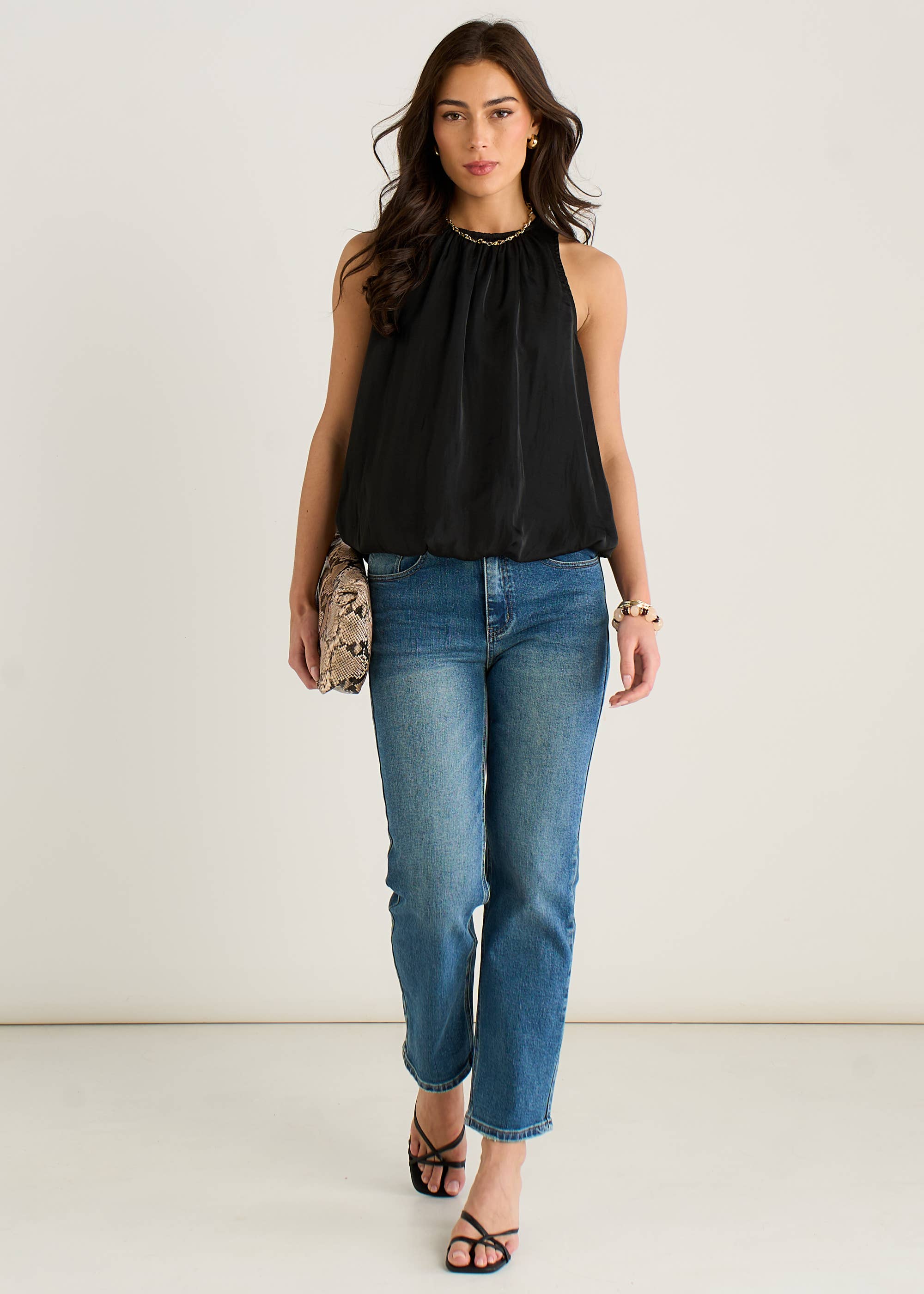 Black Sleeveless Gathered Neck Bubble Hem Top