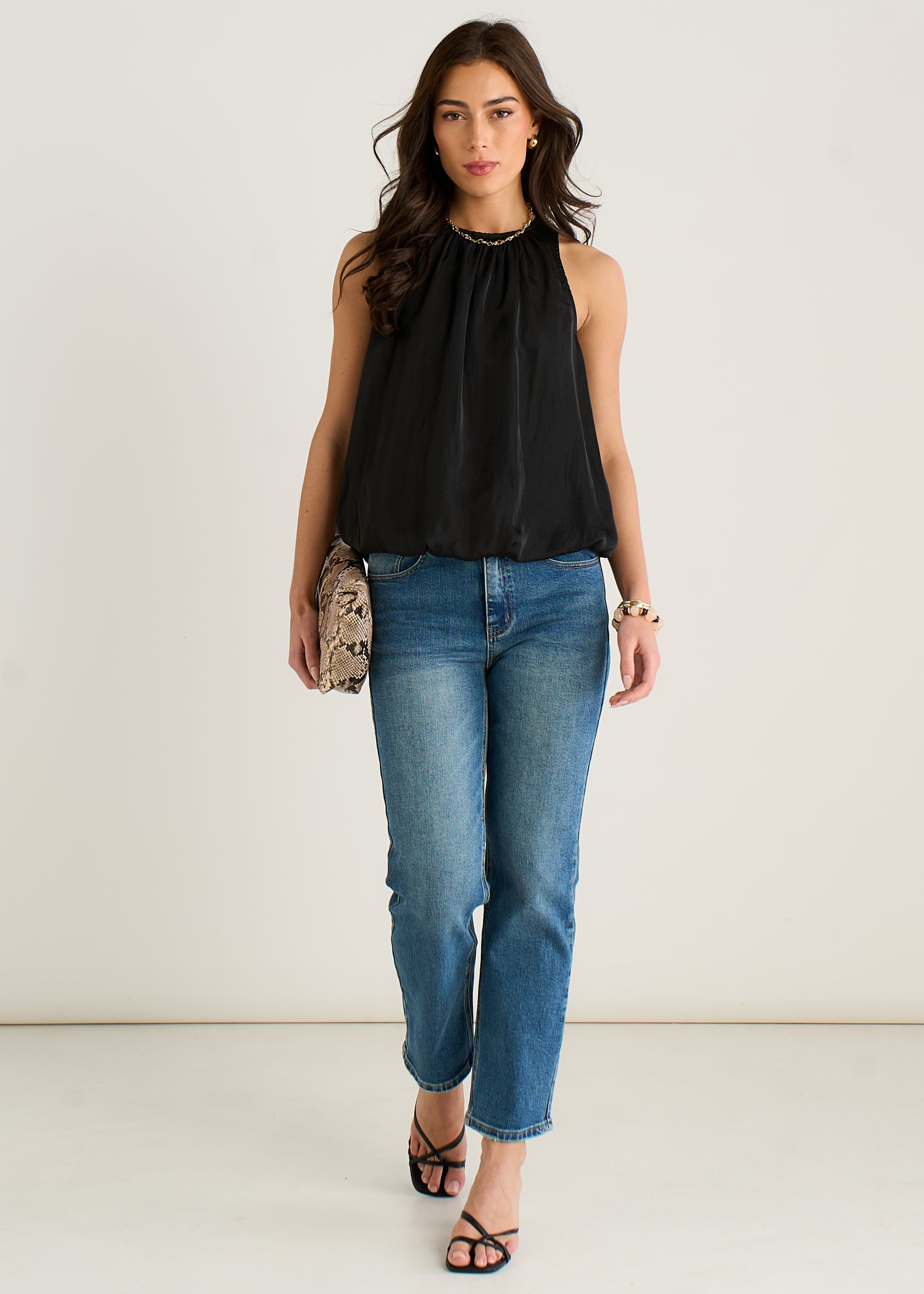 Black Sleeveless Gathered Neck Bubble Hem Top