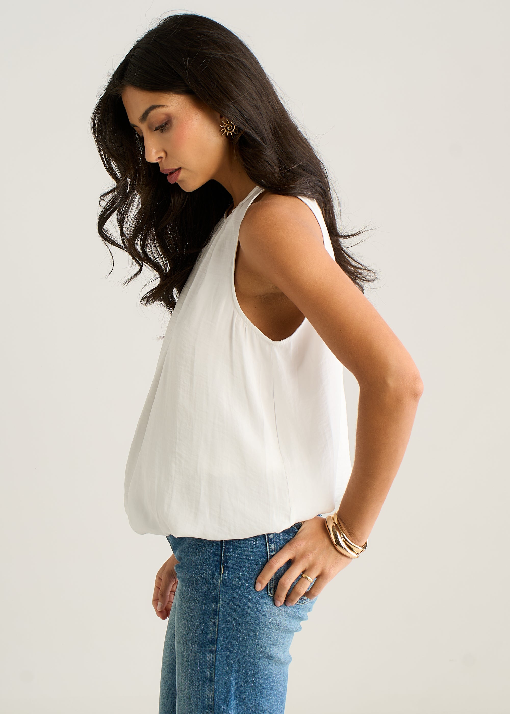 White Sleeveless Gathered Neck Bubble Hem Top