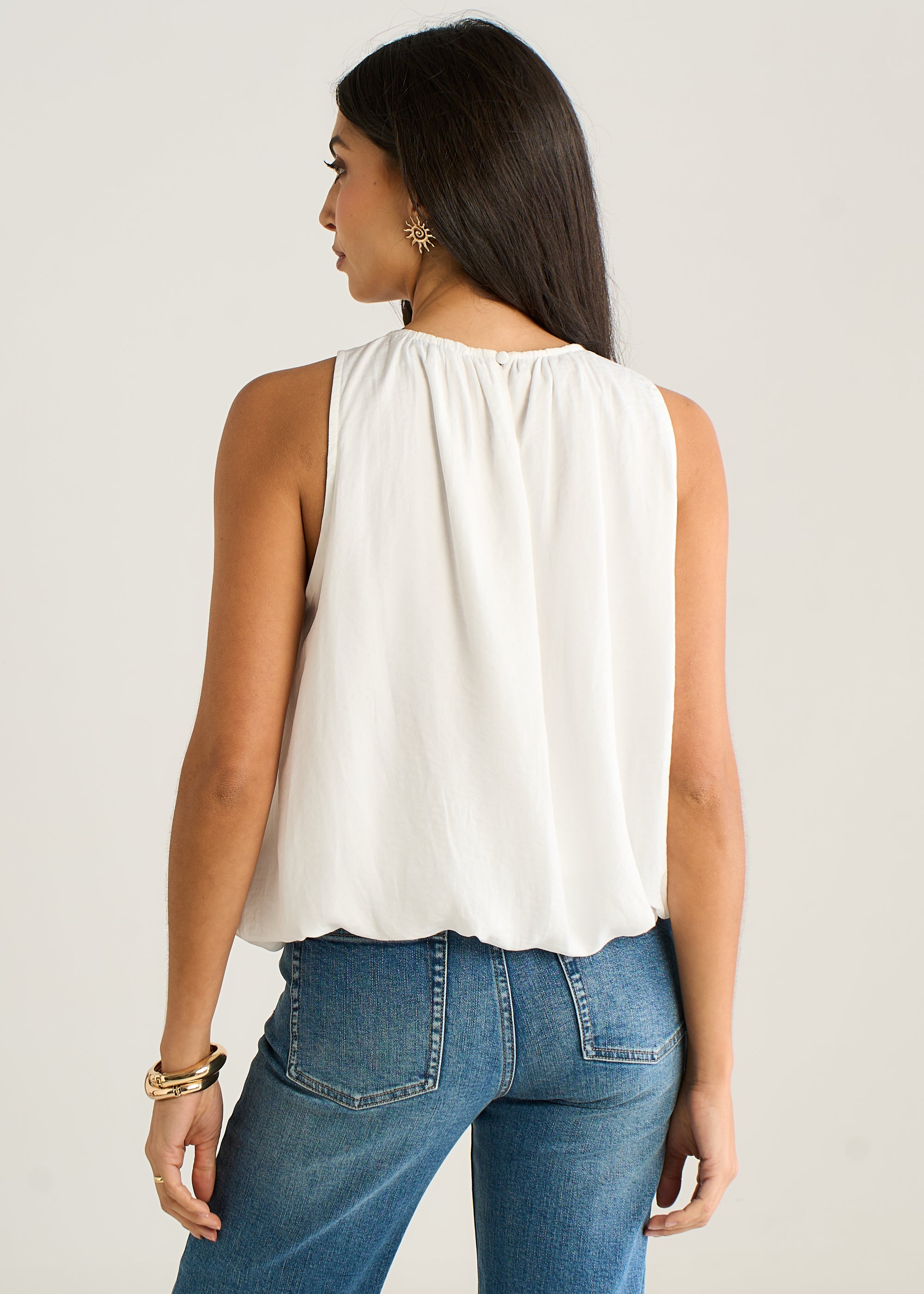 White Sleeveless Gathered Neck Bubble Hem Top