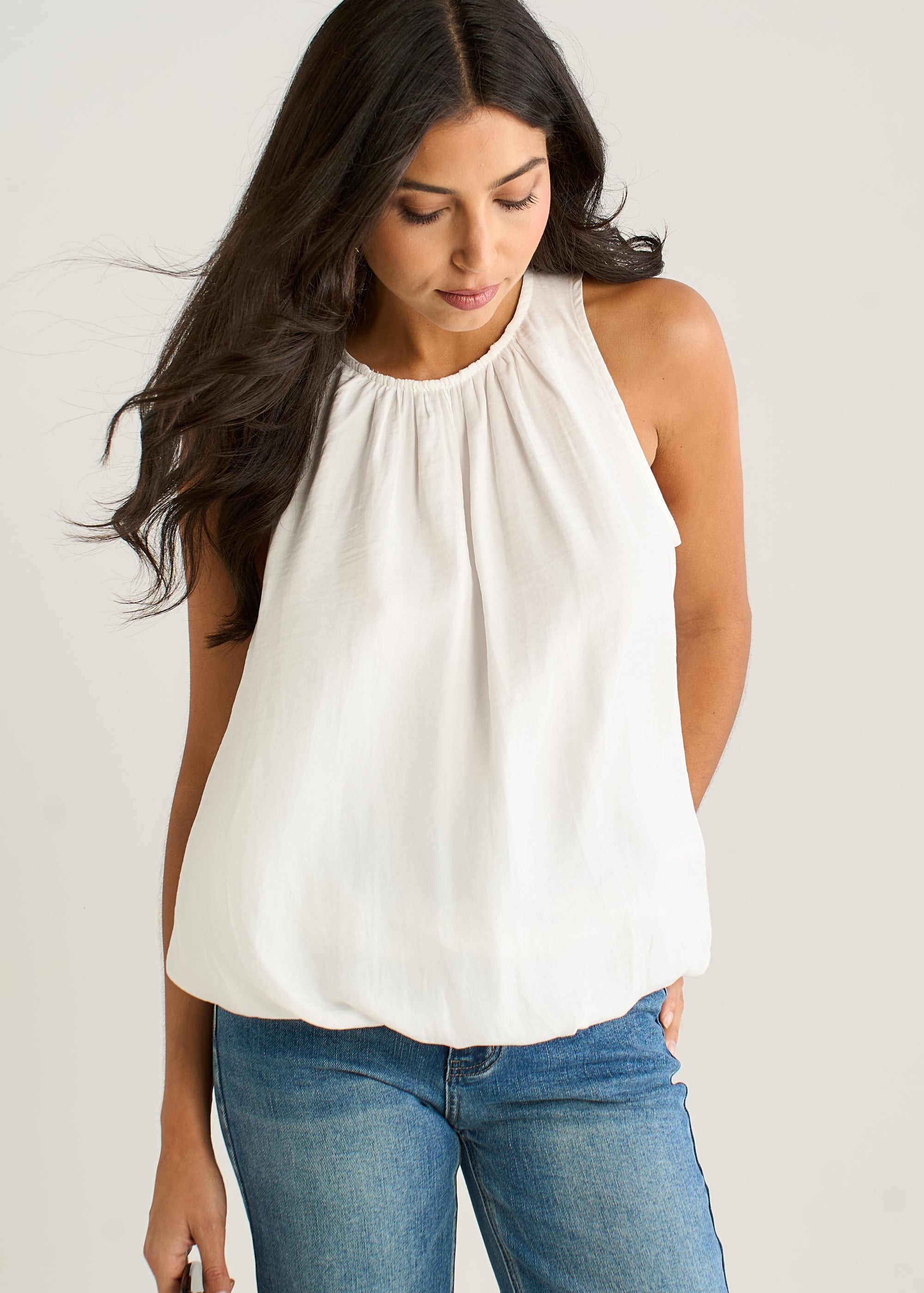 White Sleeveless Gathered Neck Bubble Hem Top
