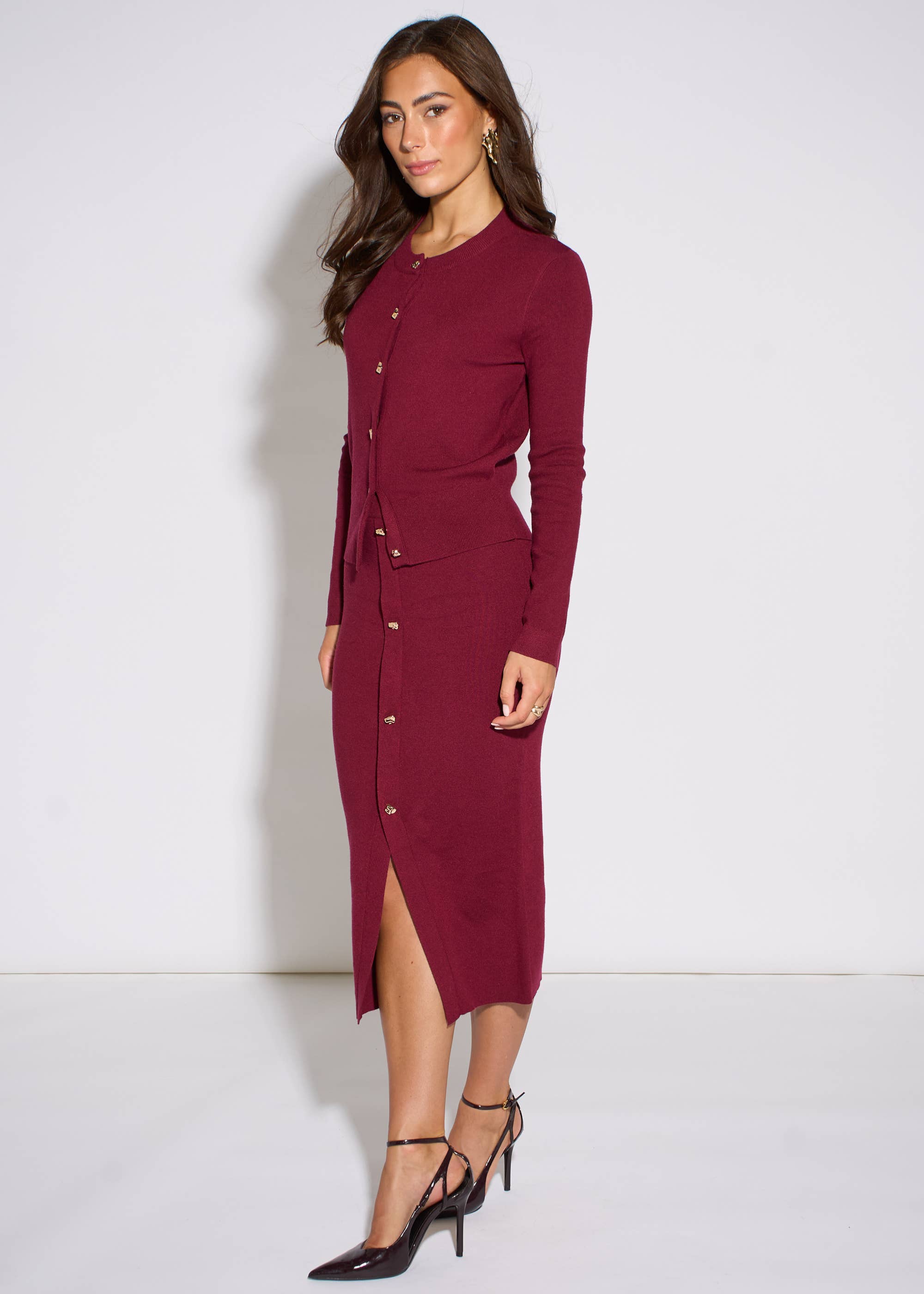 Mulberry Gold Button Fine Knit Cardigan