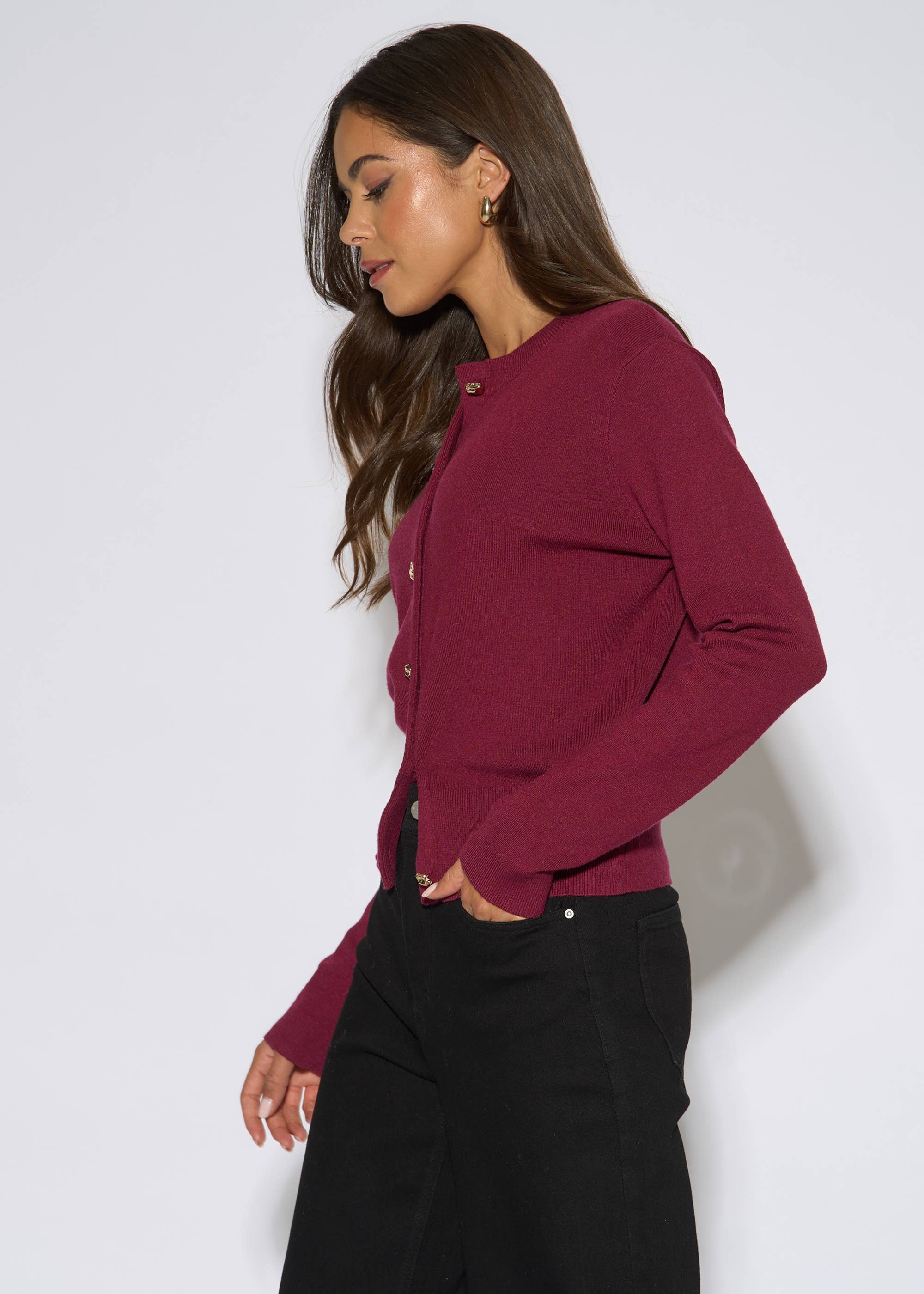 Mulberry Gold Button Fine Knit Cardigan