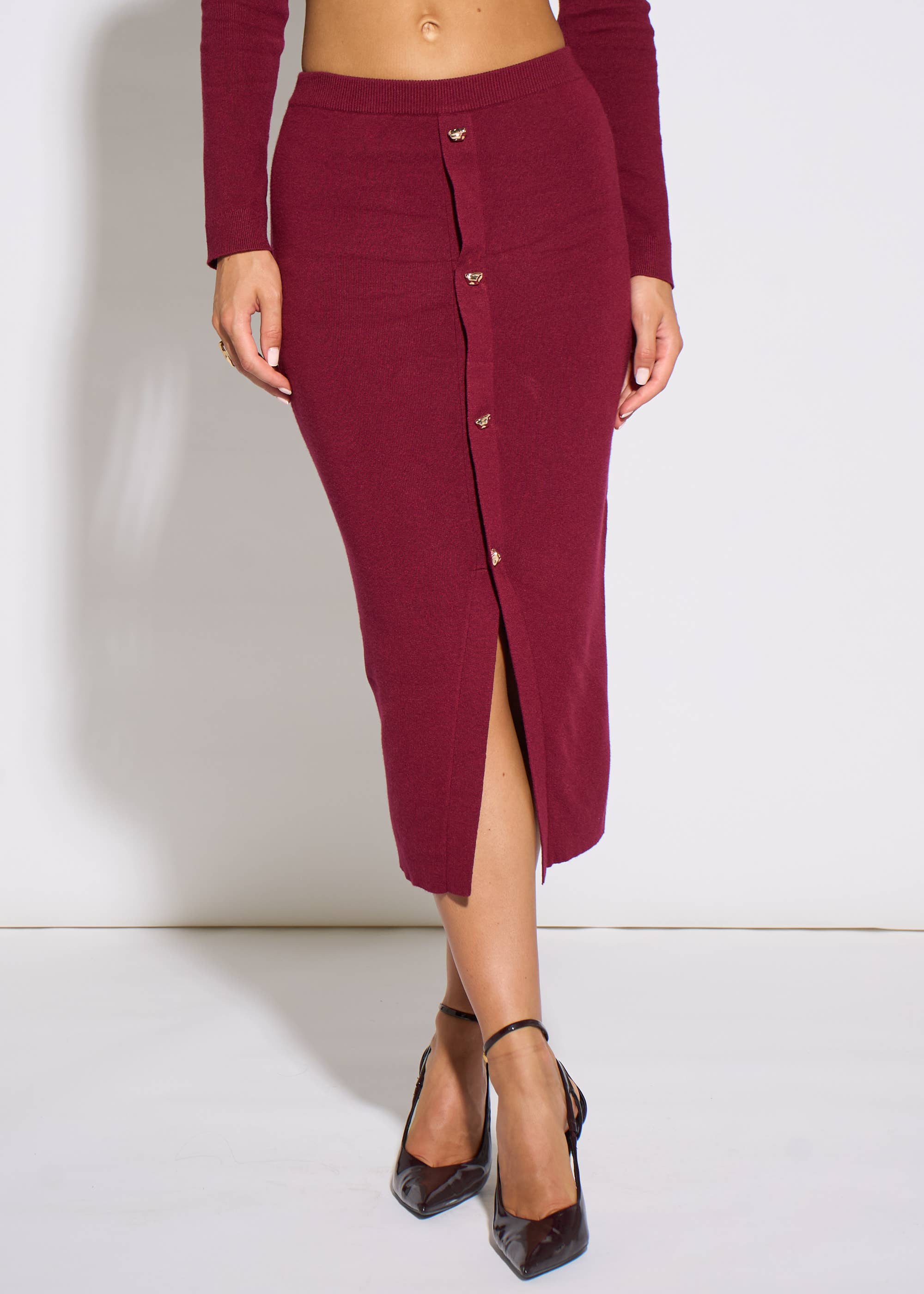 Mulberry Gold Button Pencil Midi Skirt