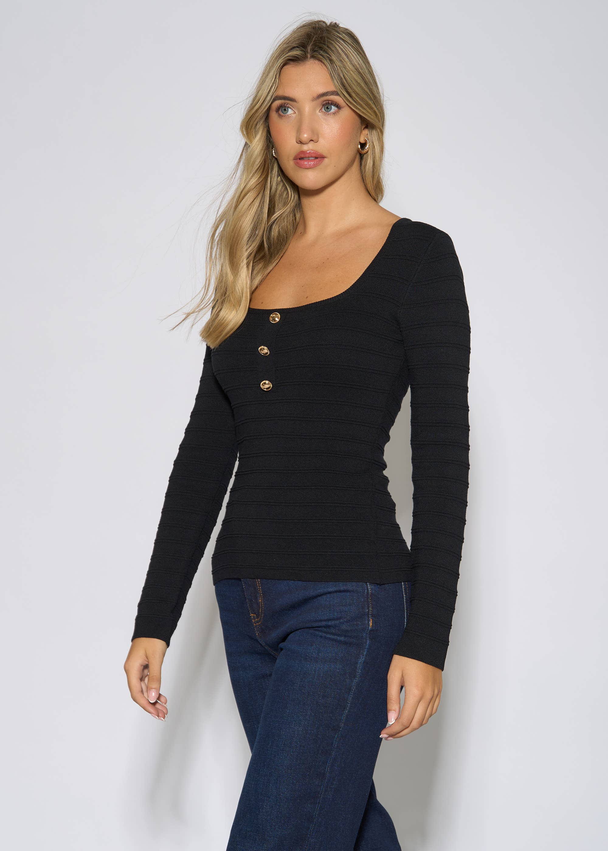 Black Square Neck Gold Button Ribbed Top