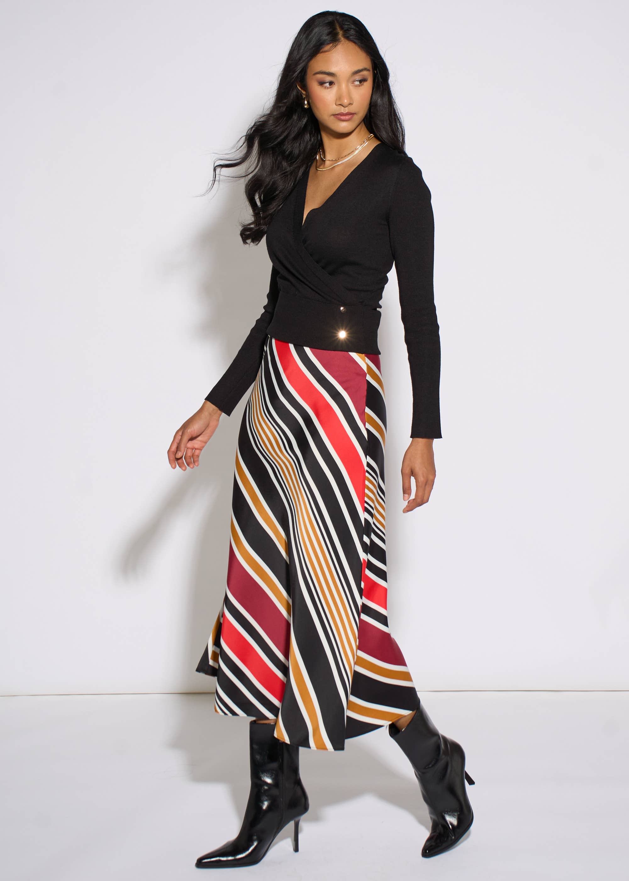 Black LS Wrap Front Gold Button Top