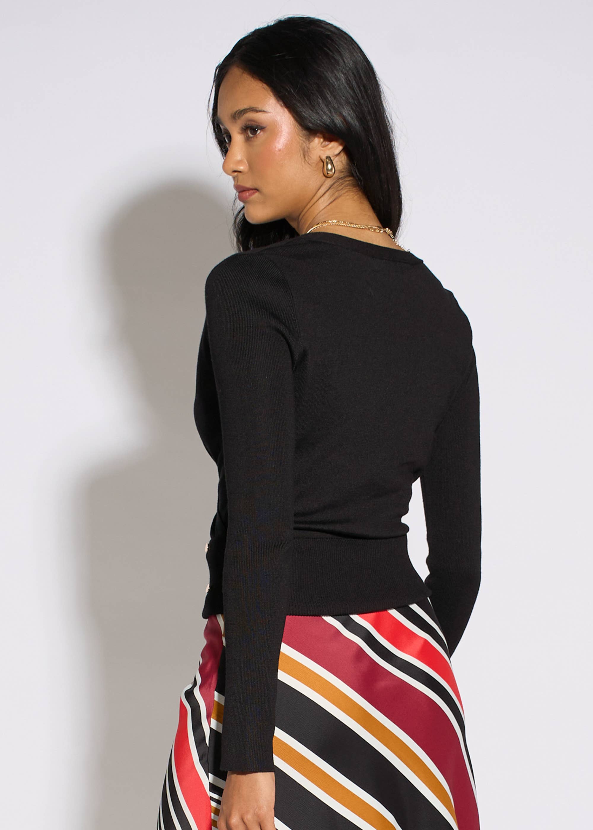 Black Long Sleeve Wrap Front Gold Button Top