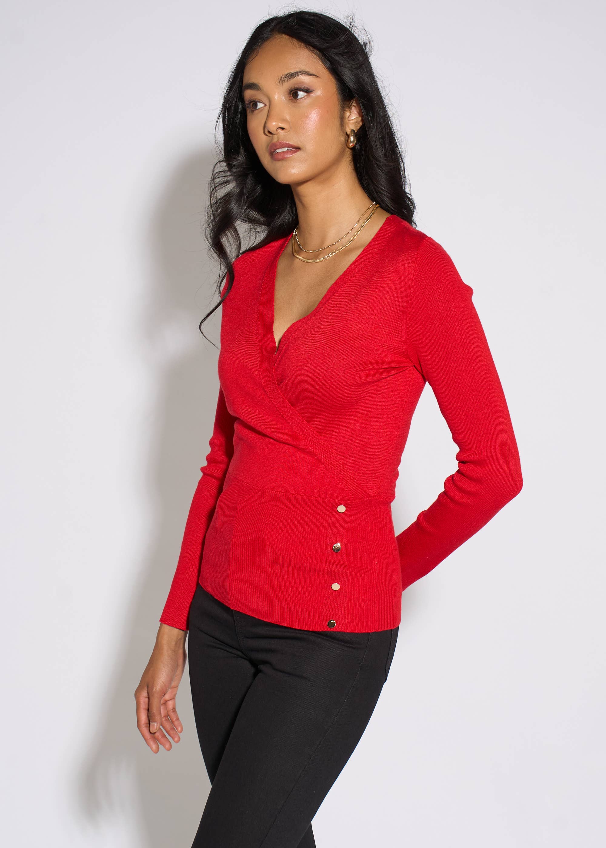 Red LS Wrap Front Gold Button Top