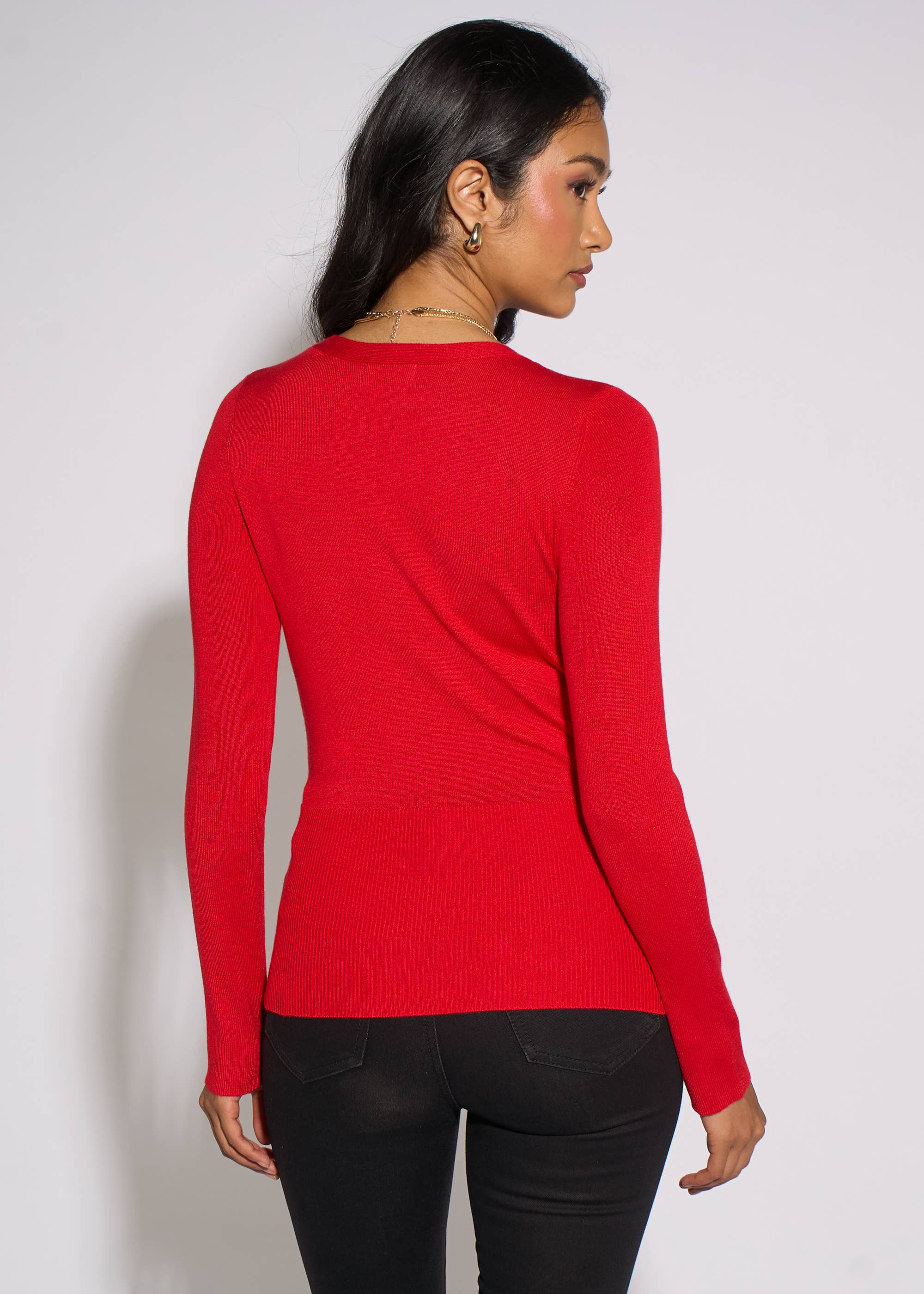 Red LS Wrap Front Gold Button Top
