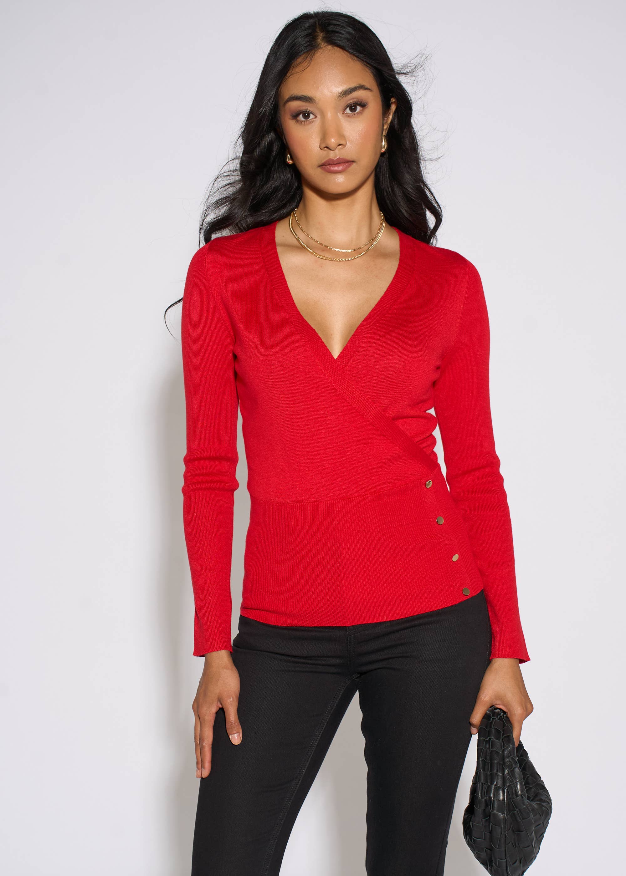 Red LS Wrap Front Gold Button Top