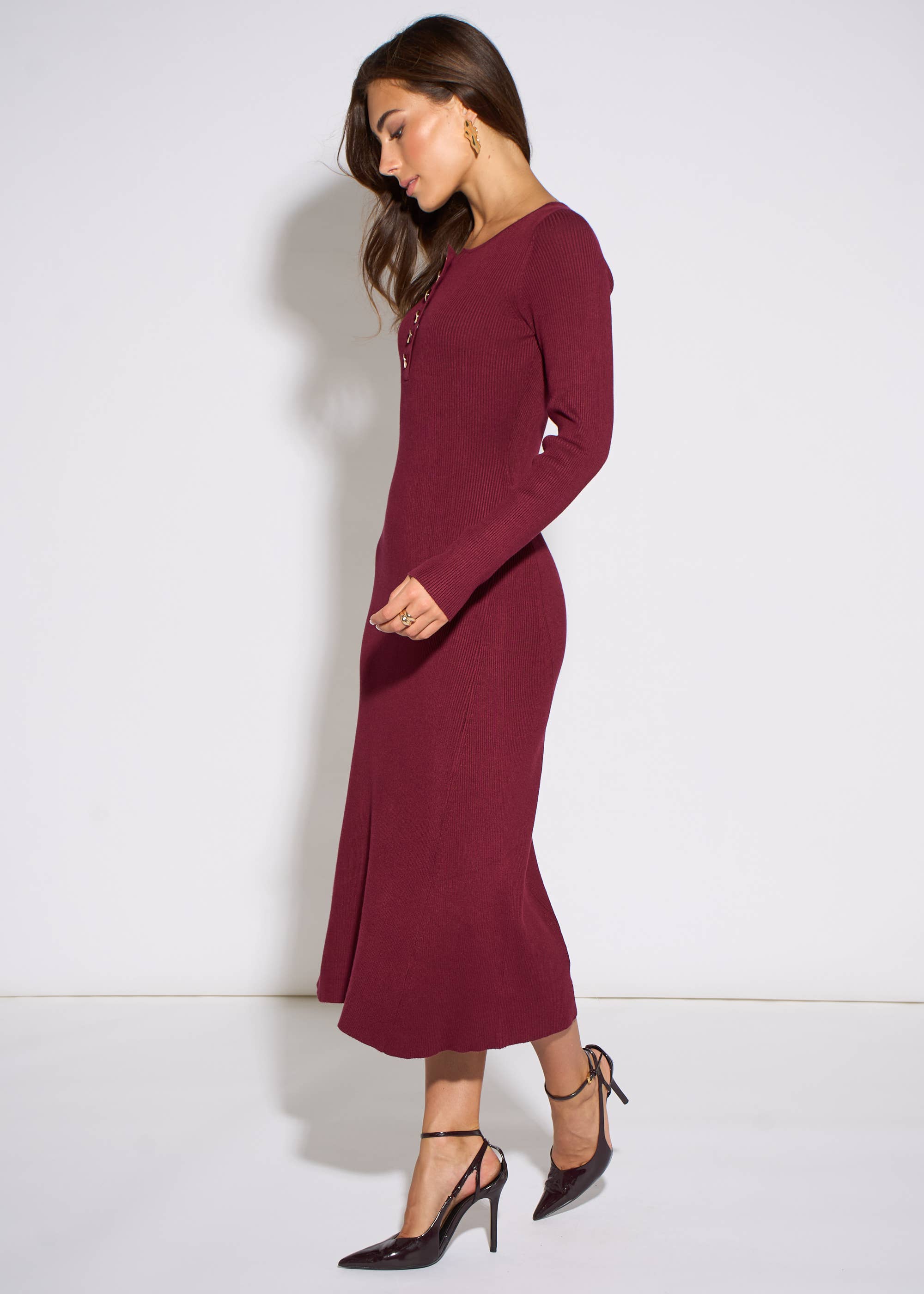 Mulberry LS Gold Button Midi Dress