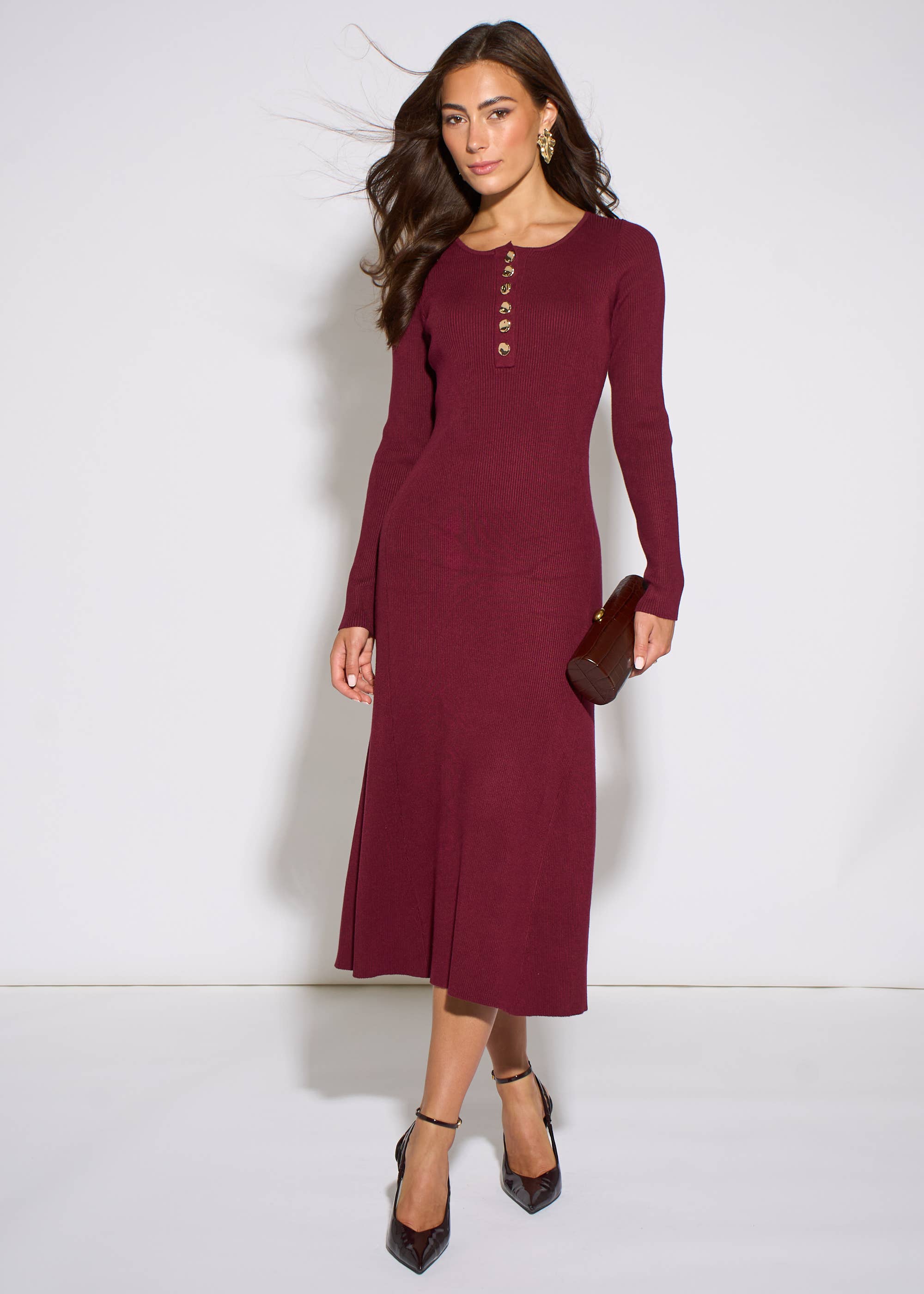 Mulberry LS Gold Button Midi Dress