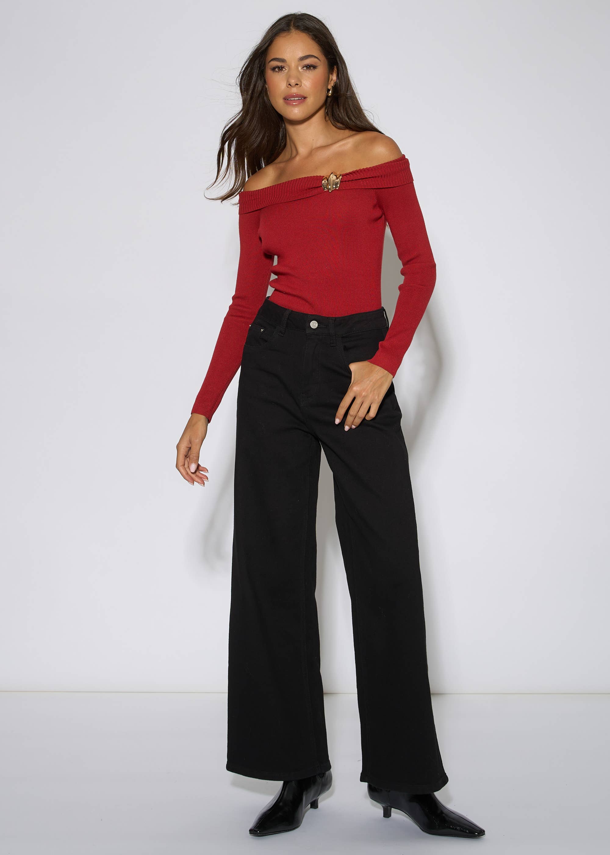 Red Bardot Gold Button Detail Top