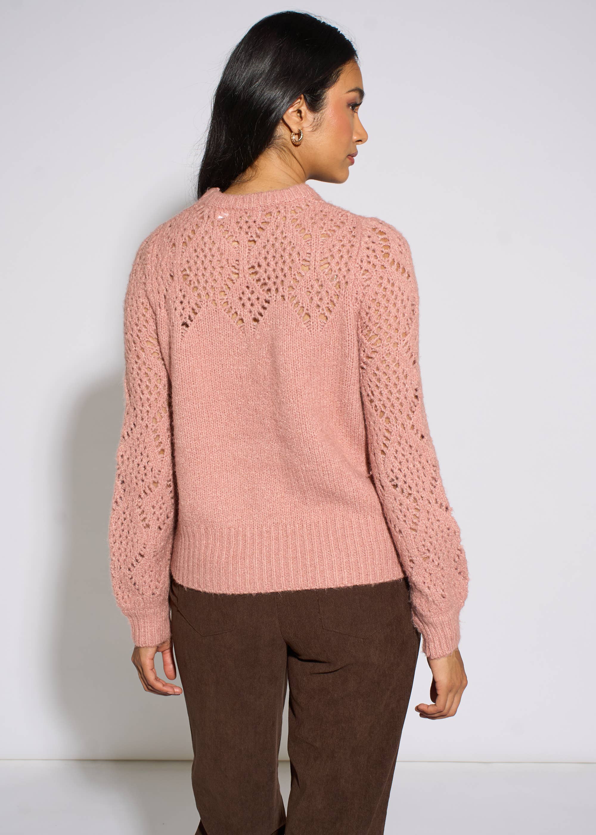 Pink Crochet Yoke Long Sleeve Jumper