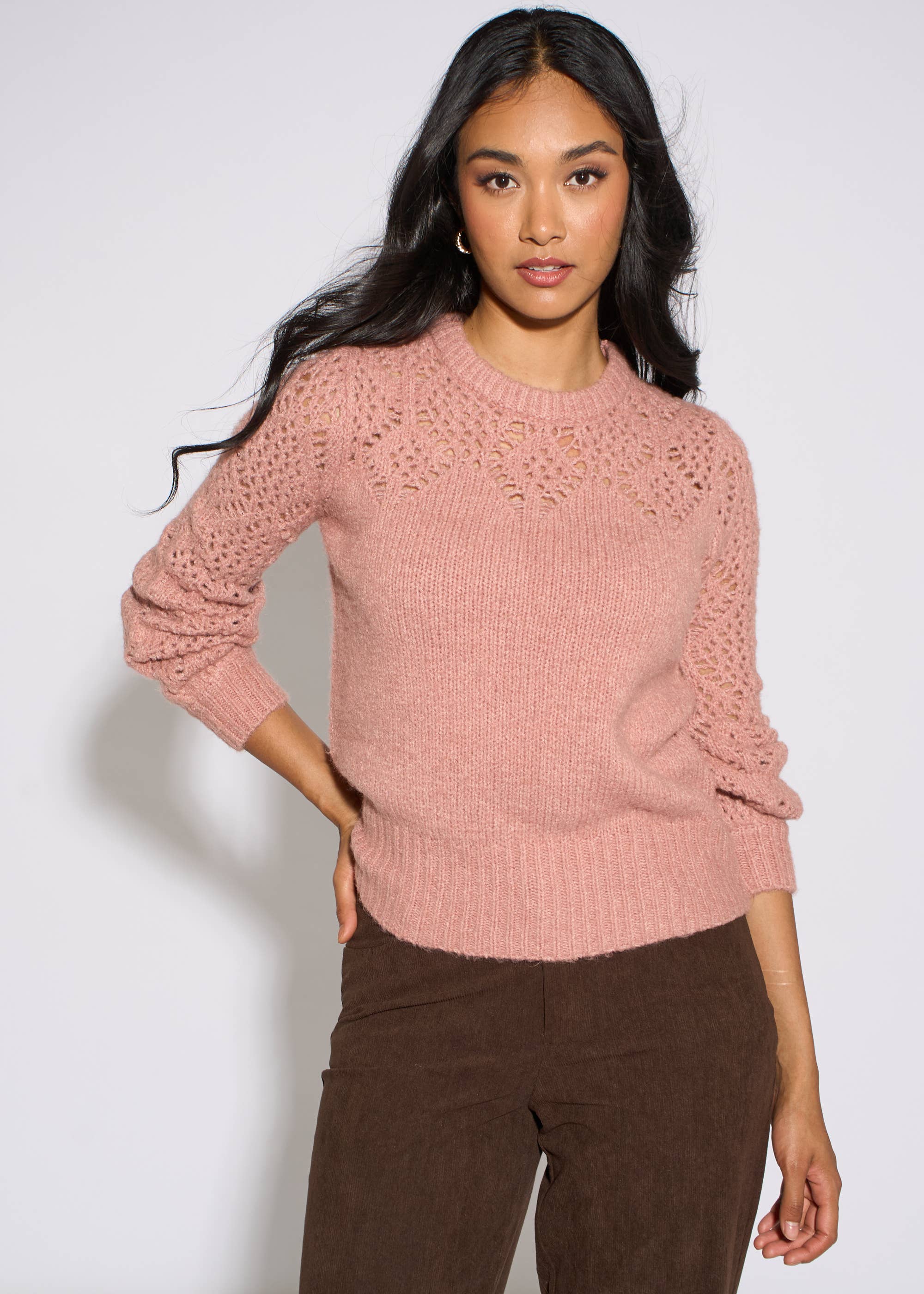 Pink Crochet Yoke Long Sleeve Jumper