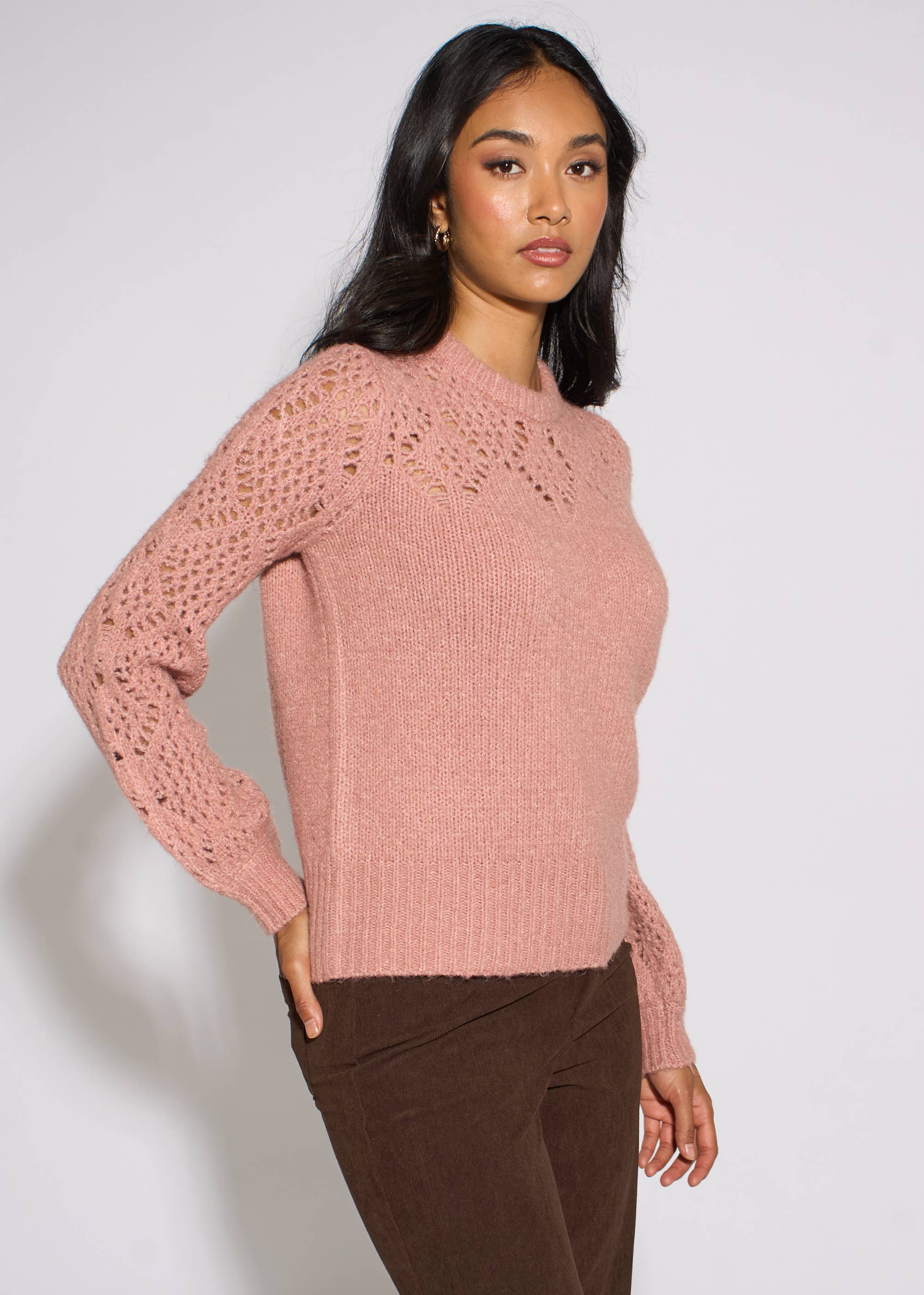 Pink Crochet Yoke Long Sleeve Jumper