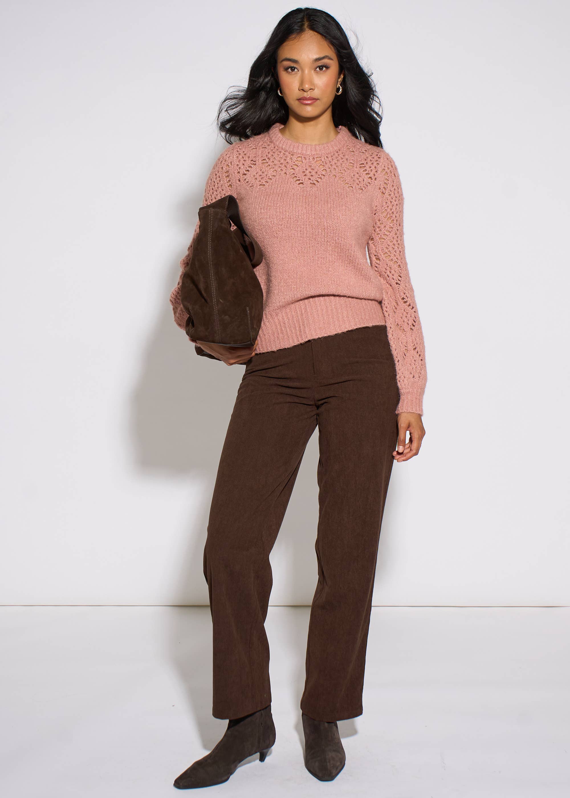 Pink Crochet Yoke Long Sleeve Jumper