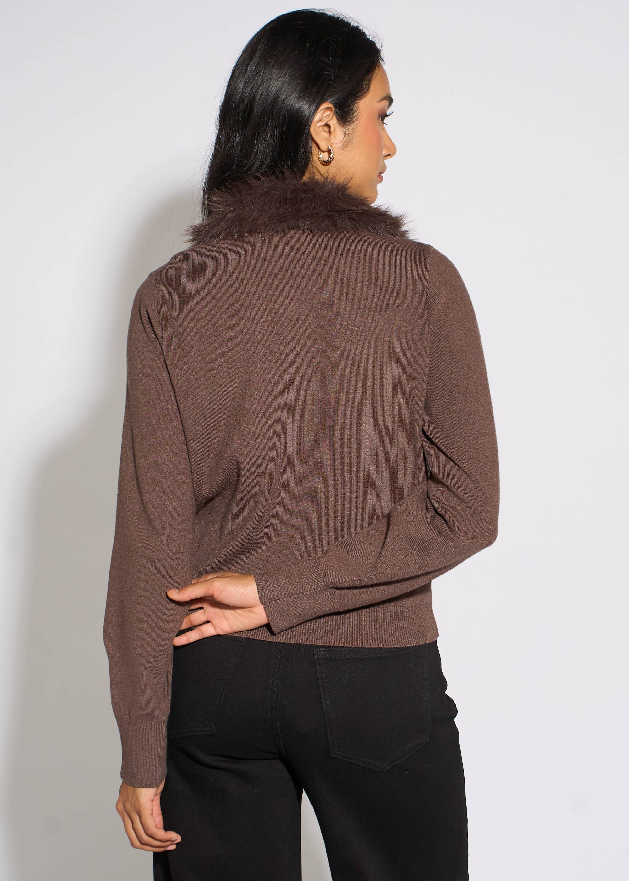 Brown Fur Trim Cardigan