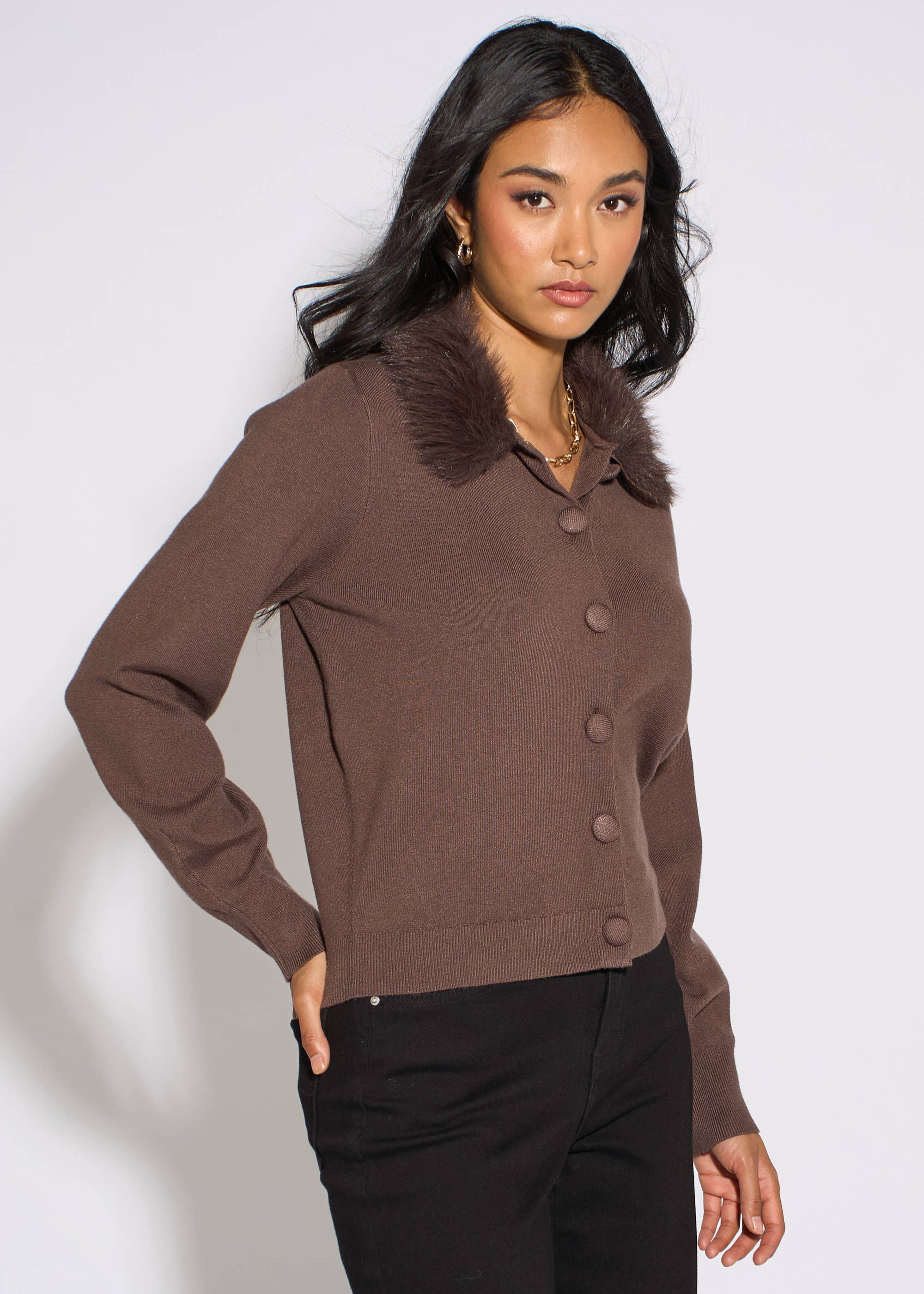 Brown Fur Trim Cardigan