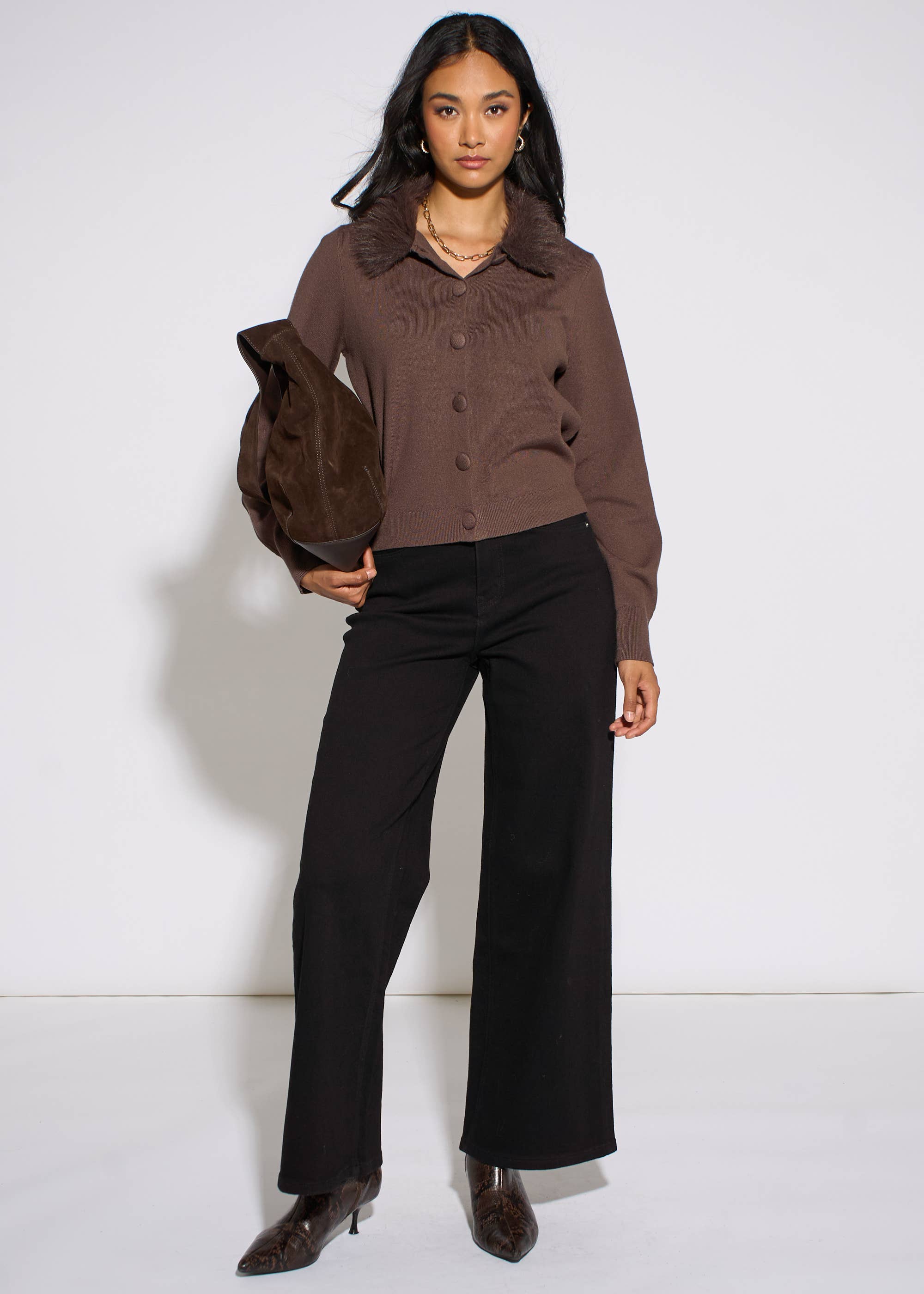 Brown Fur Trim Cardigan