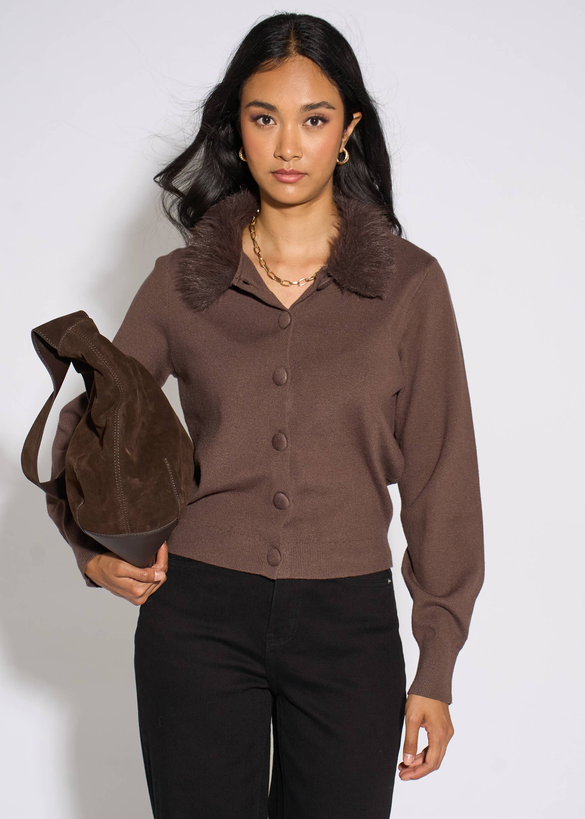 Brown Fur Trim Cardigan
