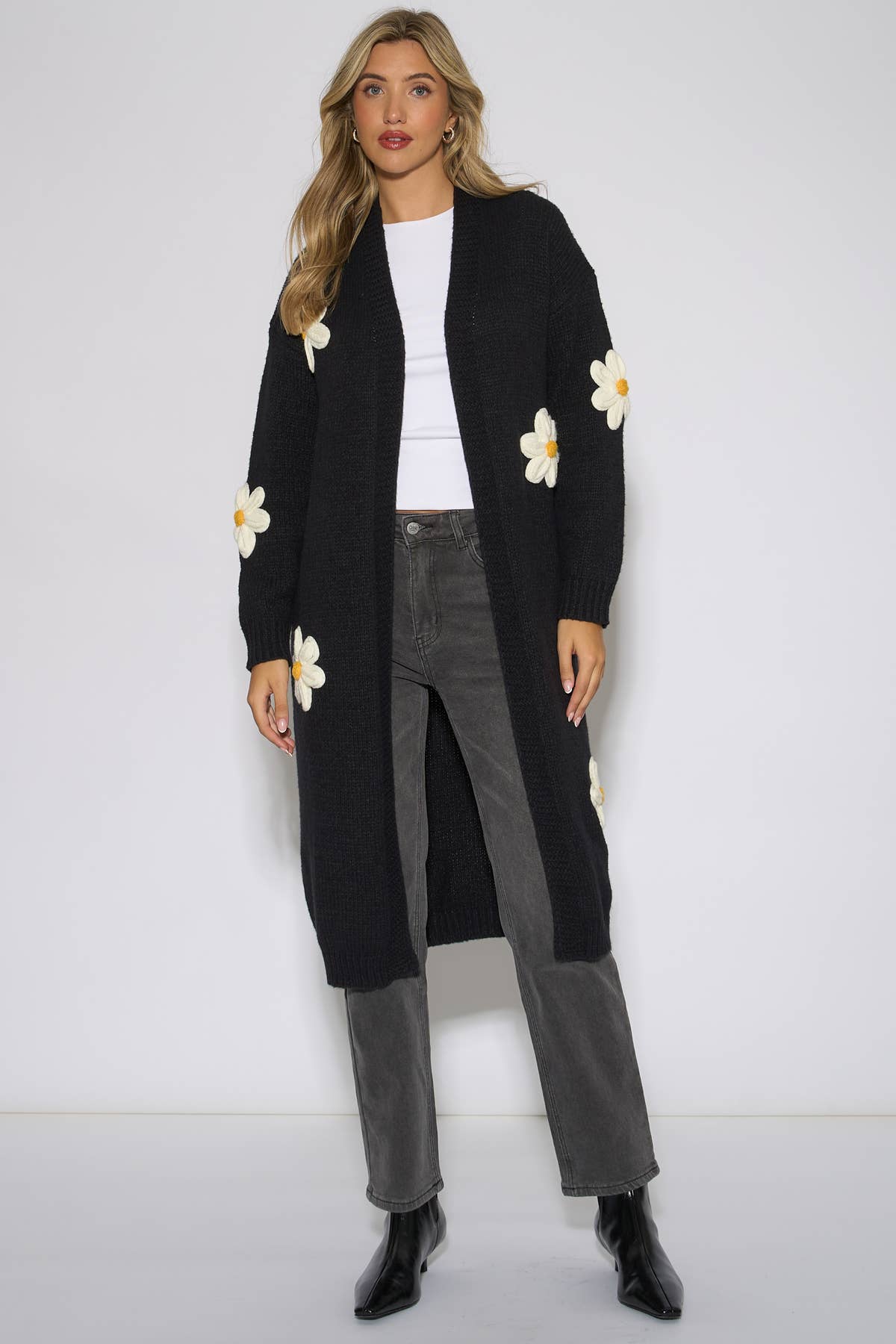 Black 3D Daisy Flower Longline Cardigan – View 1 | Gini London