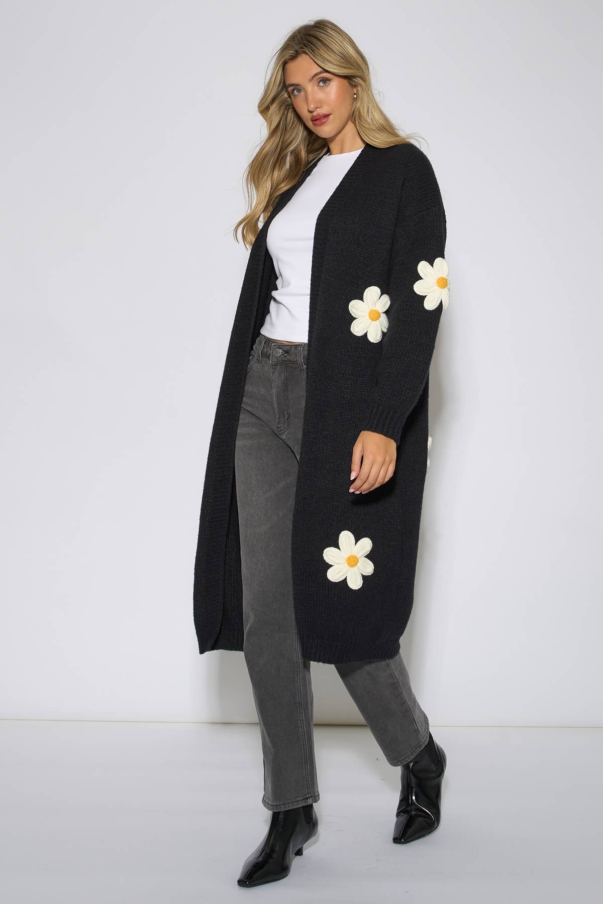 Black 3D Daisy Flower Longline Cardigan – View 4 | Gini London