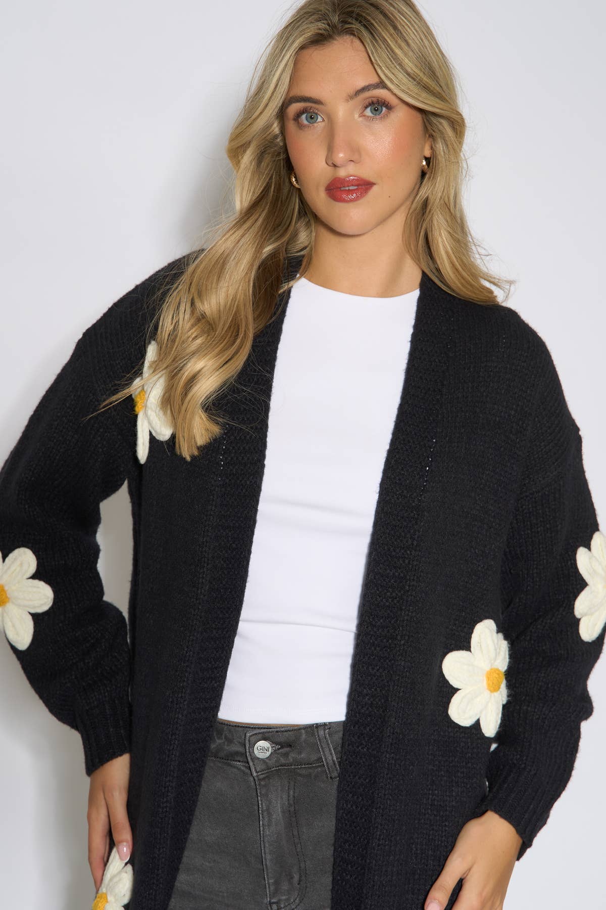 Black 3D Daisy Flower Longline Cardigan – View 3 | Gini London