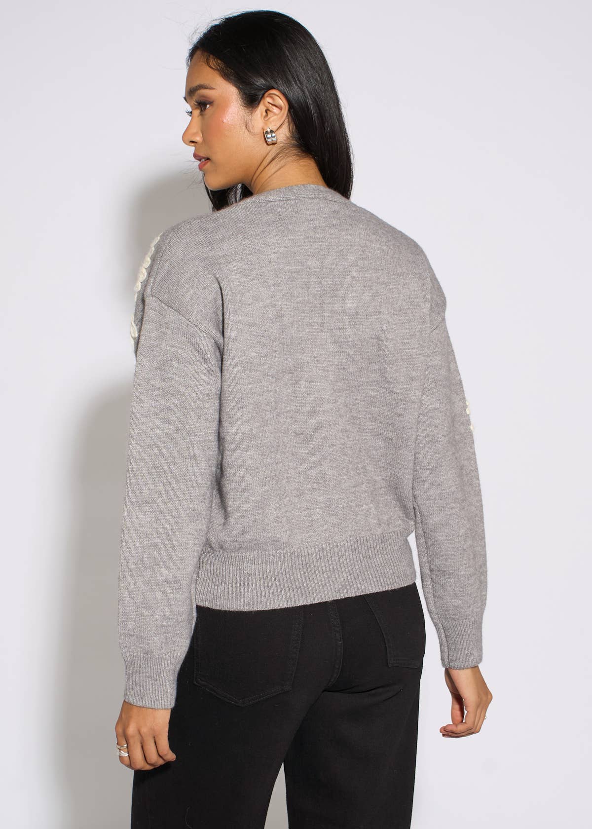Grey Marl Floral Applique Button Front Cardigan – View 2 | Gini London