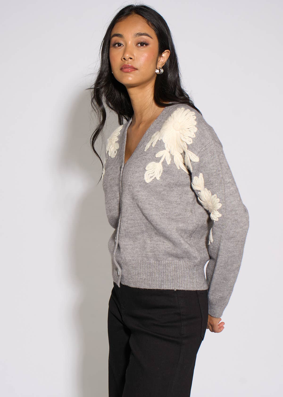 Grey Marl Floral Applique Button Front Cardigan – View 4 | Gini London