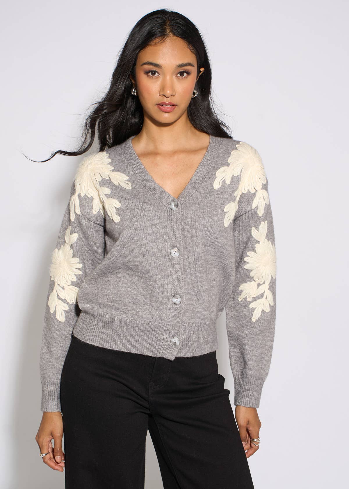 Grey Marl Floral Applique Button Front Cardigan – View 1 | Gini London