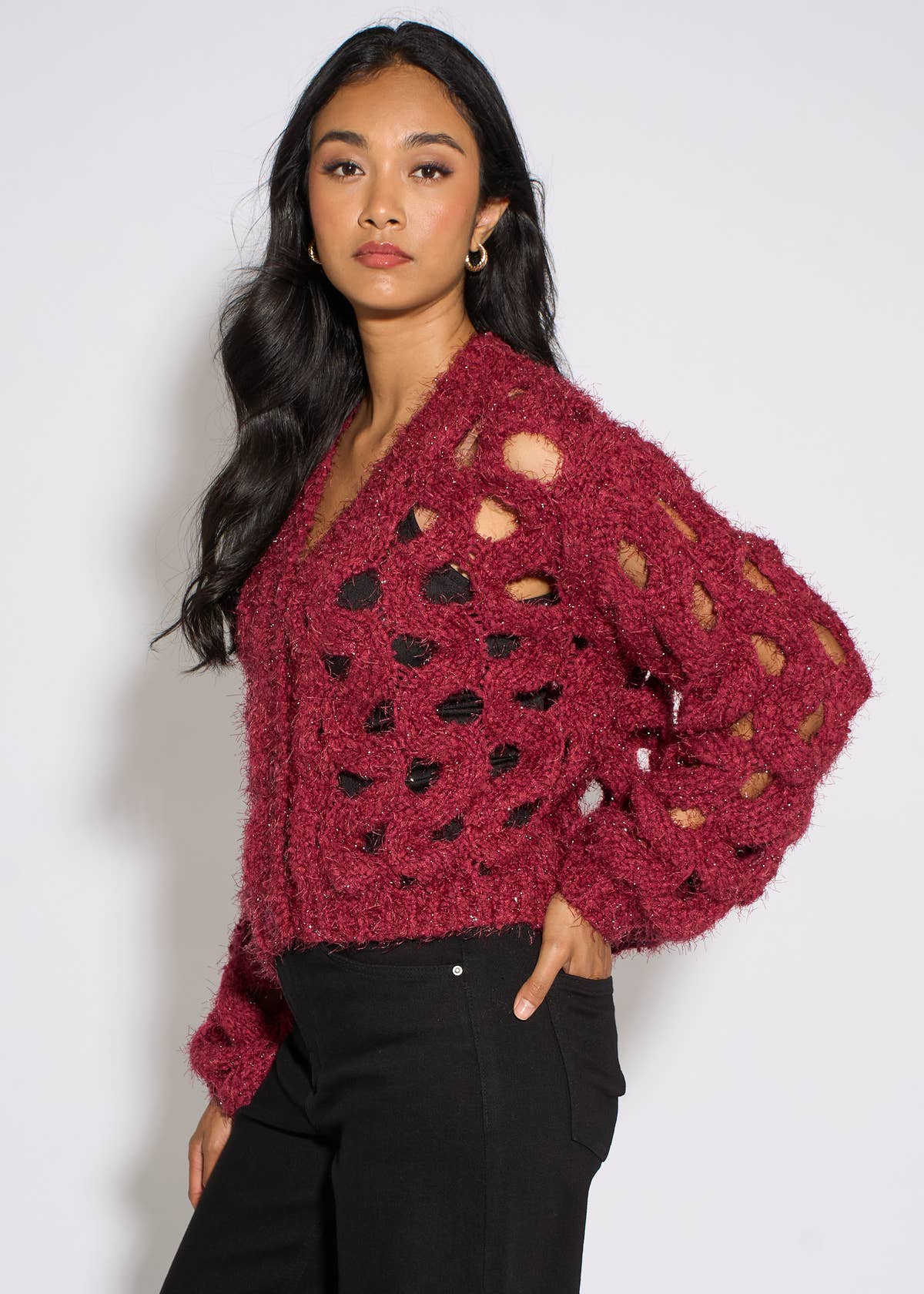 Cerise Hollow Chunky Knit Cardigan – View 4 | Gini London