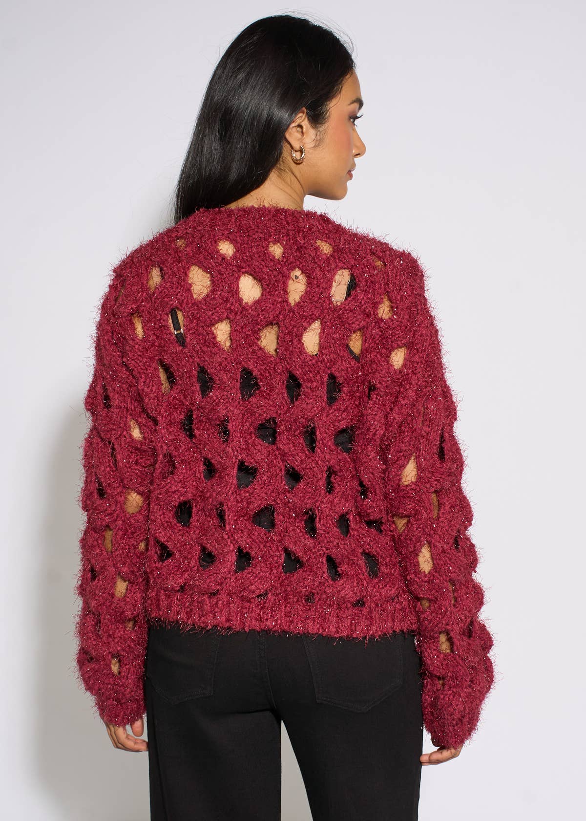 Cerise Hollow Chunky Knit Cardigan – View 2 | Gini London