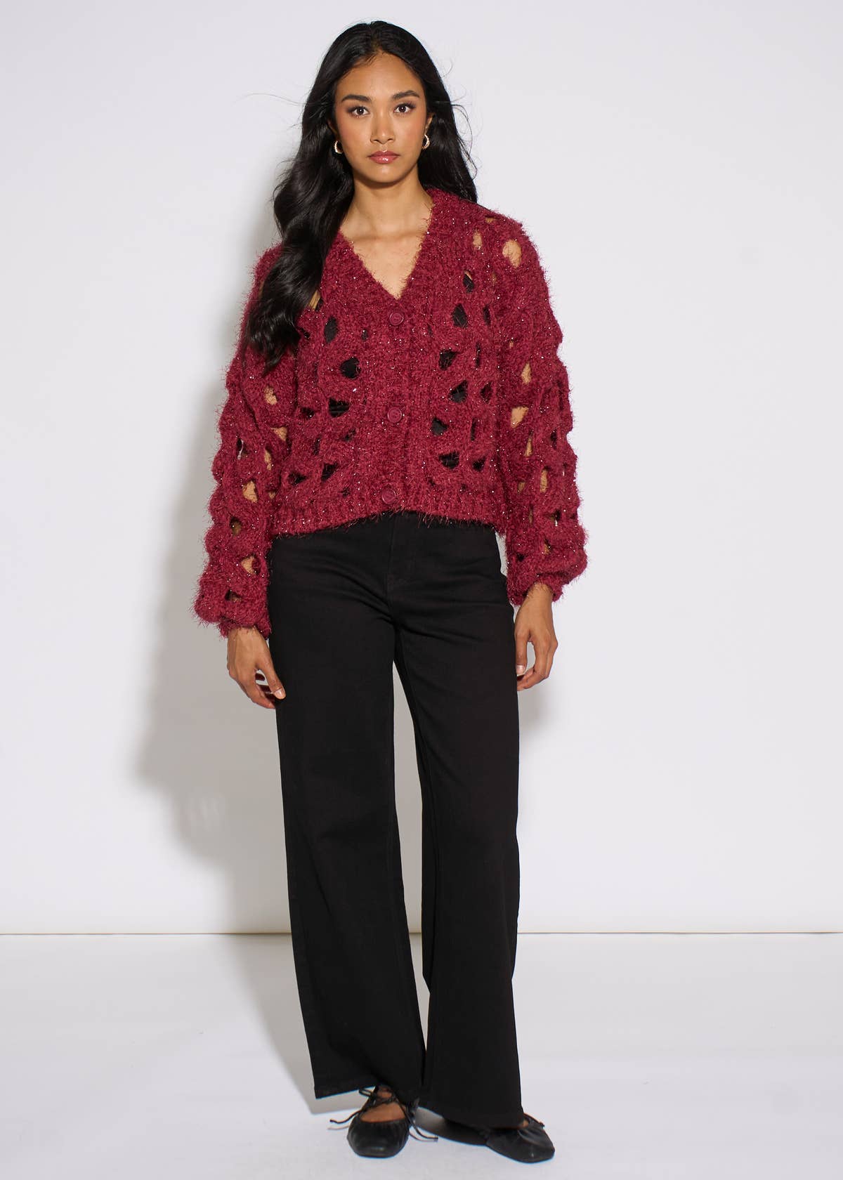 Cerise Hollow Chunky Knit Cardigan – View 3 | Gini London