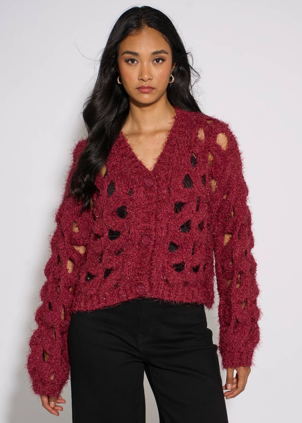 Cerise Hollow Chunky Knit Cardigan – View 1 | Gini London