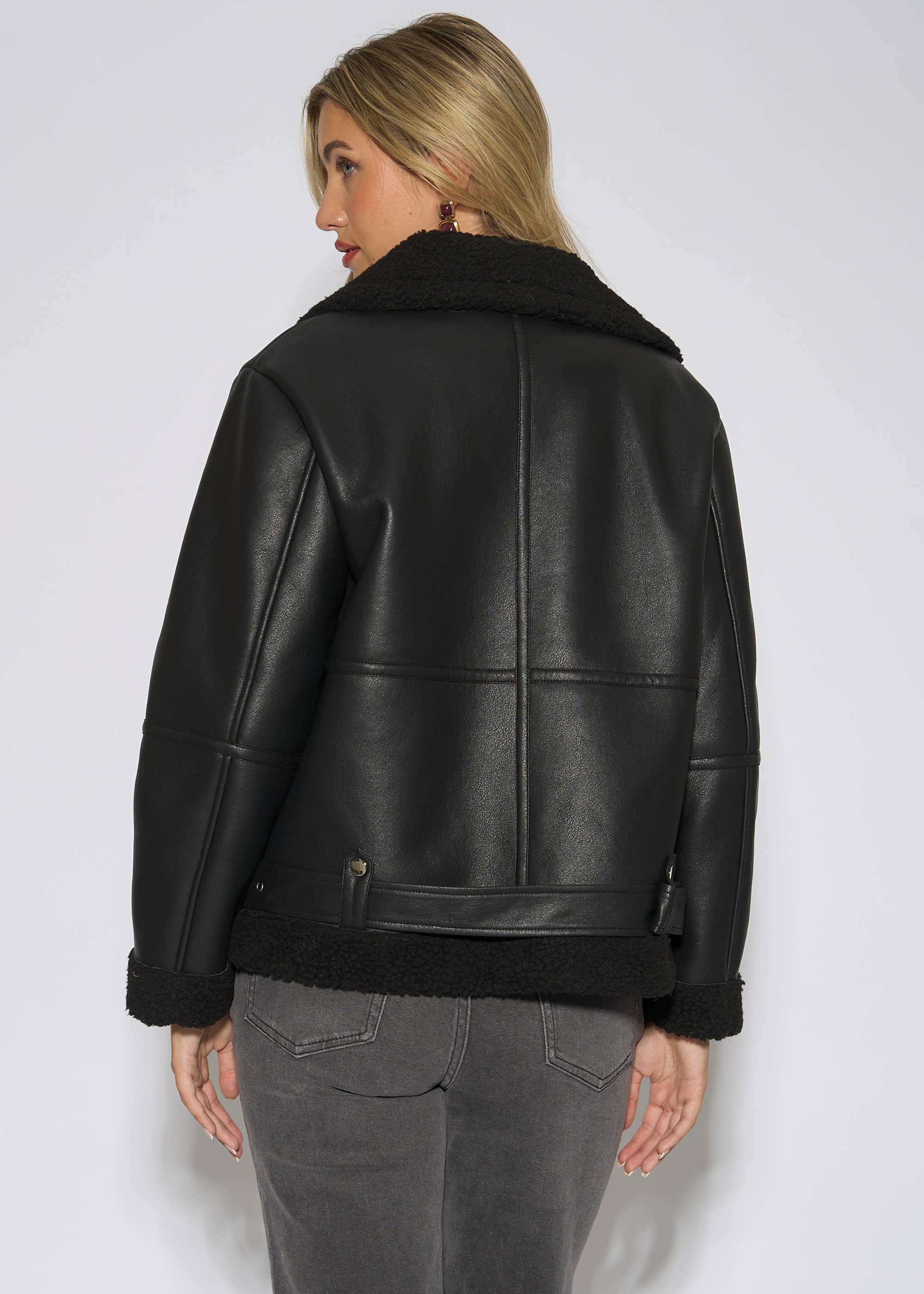 Black Faux Leather Aviator Biker Jacket