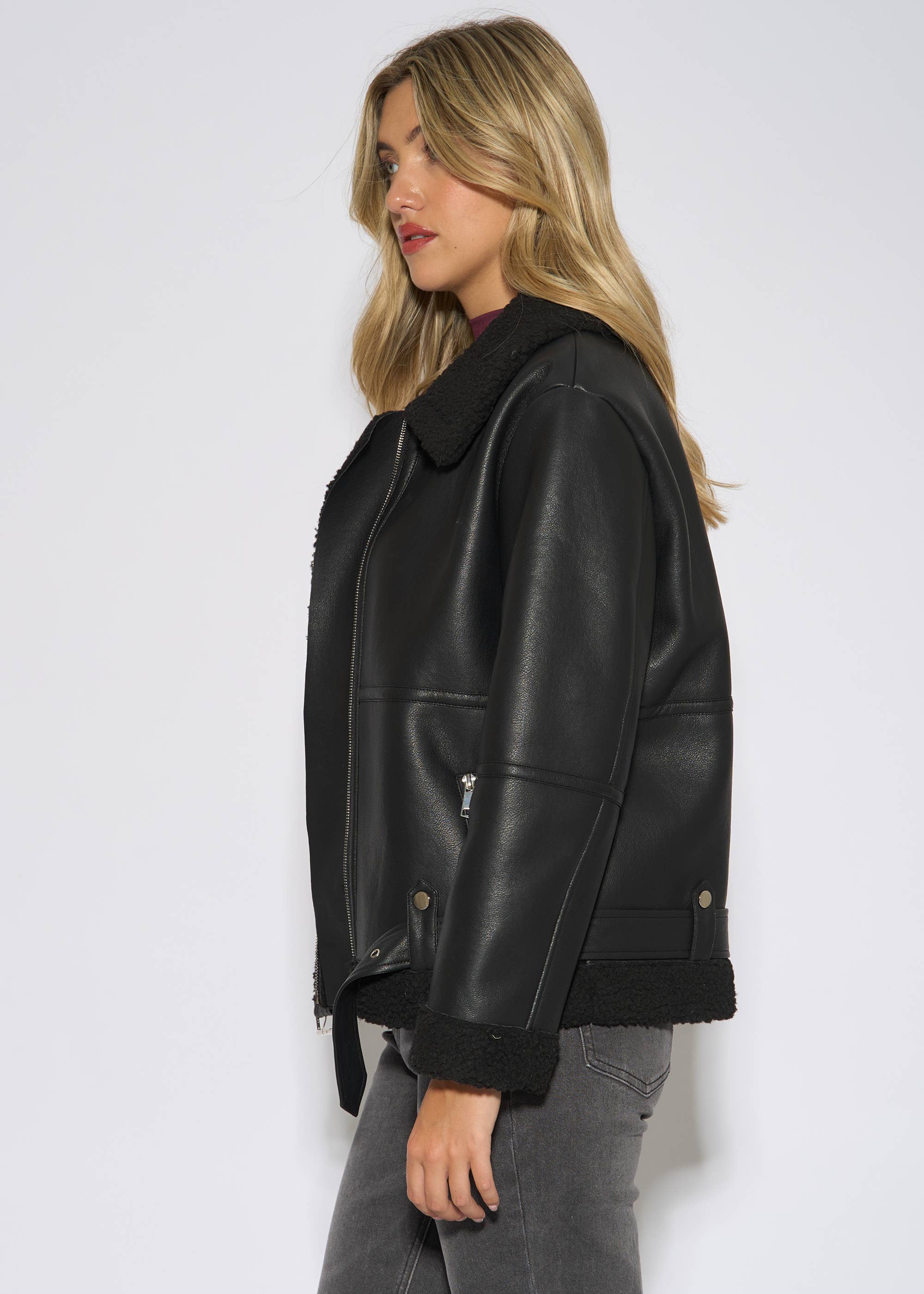 Black Faux Leather Aviator Biker Jacket