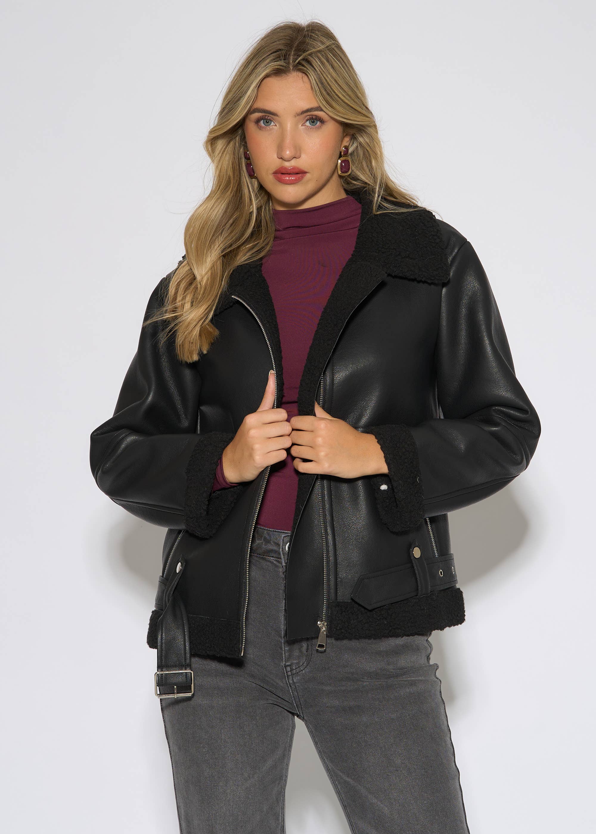 Black Faux Leather Aviator Biker Jacket
